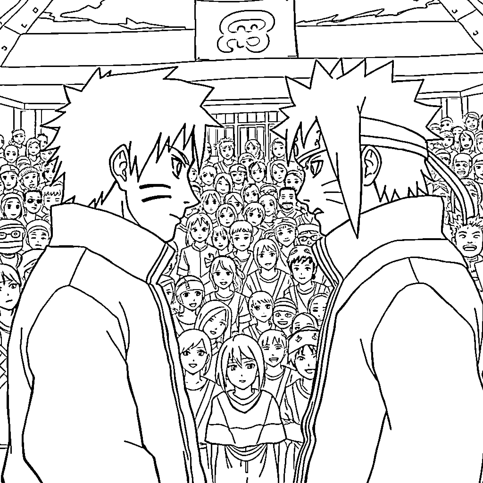Naruto characters in a lively crowd scene Coloring Page (free black-and-white line drawing printable PDF for all, from beginners to advanced learners, including children, teens, adults, and seniors)