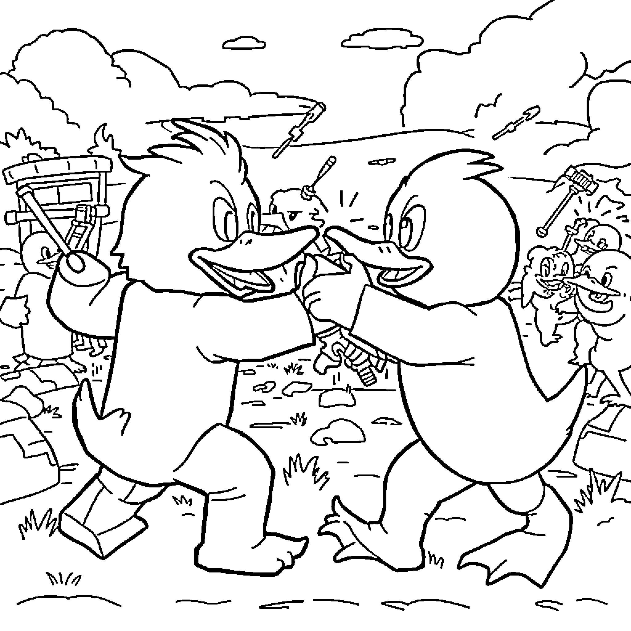 Duck battling enemies in an action-packed scene Coloring Page (free black-and-white line drawing printable PDF for all, from beginners to advanced learners, including children, teens, adults, and seniors)