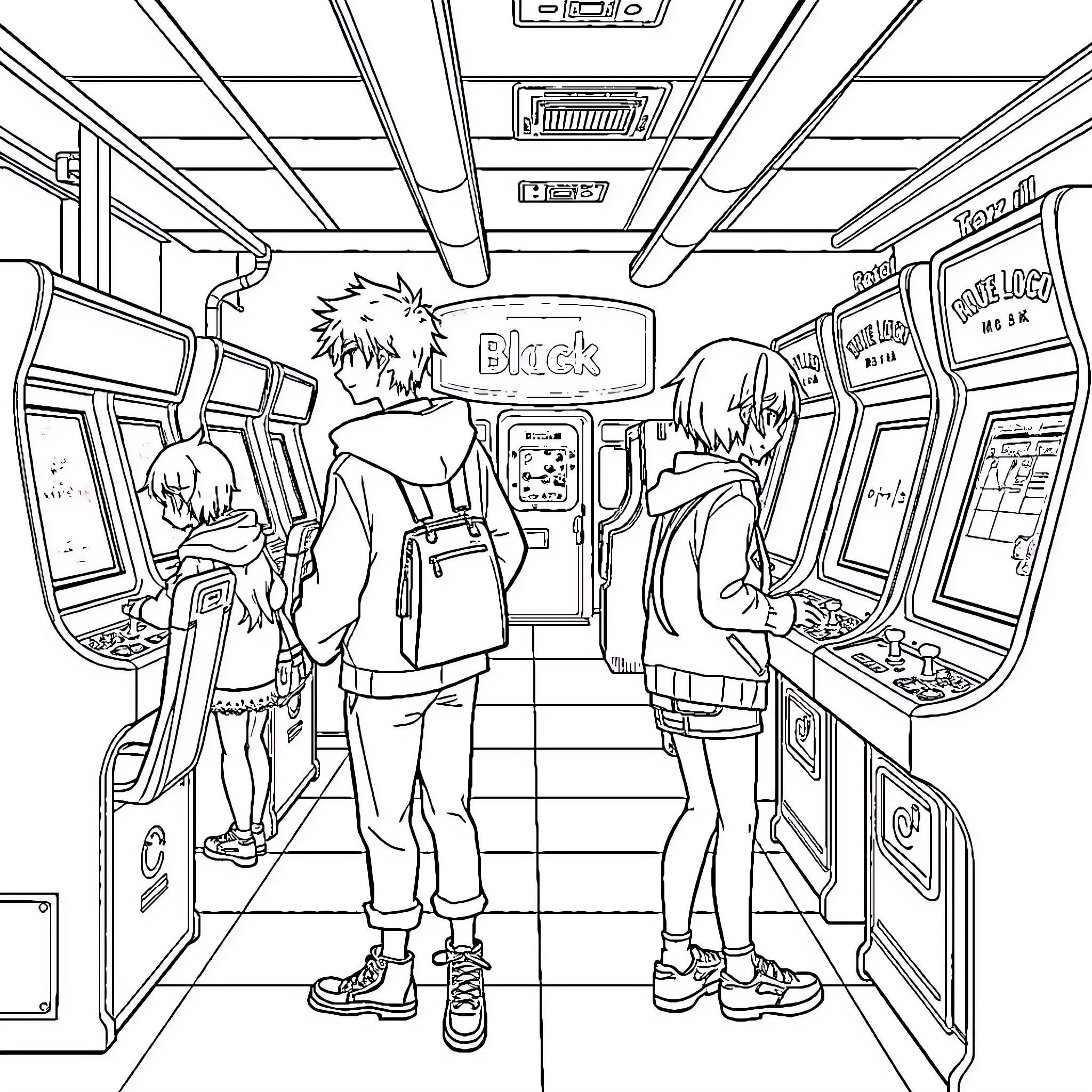 Character Exploring an Arcade Game Center Coloring Page (free black-and-white line drawing printable PDF for all, from beginners to advanced learners, including children, teens, adults, and seniors)