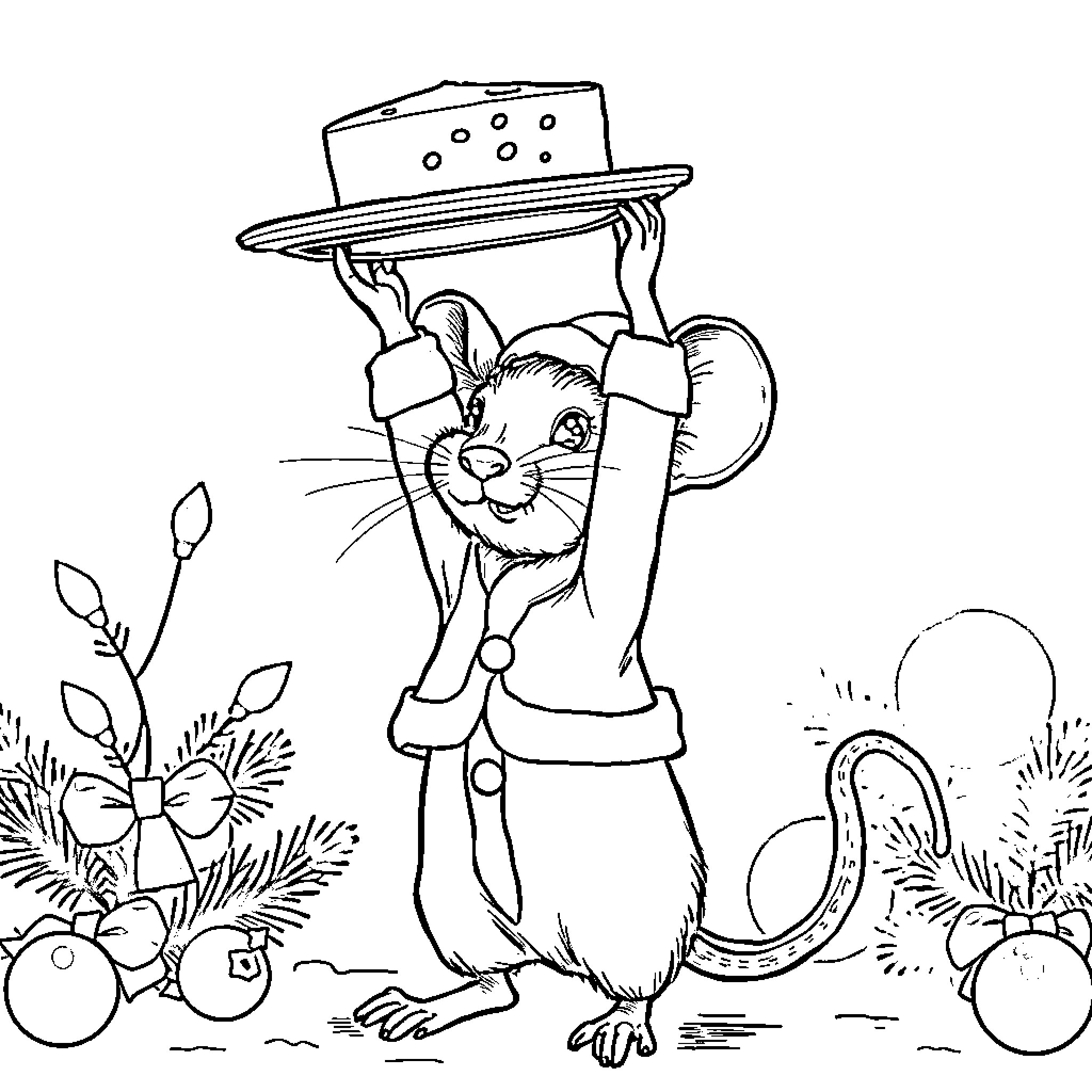Mouse in Fancy Outfit Holding Platter Coloring Page (free black-and-white line drawing printable PDF for all, from beginners to advanced learners, including children, teens, adults, and seniors)