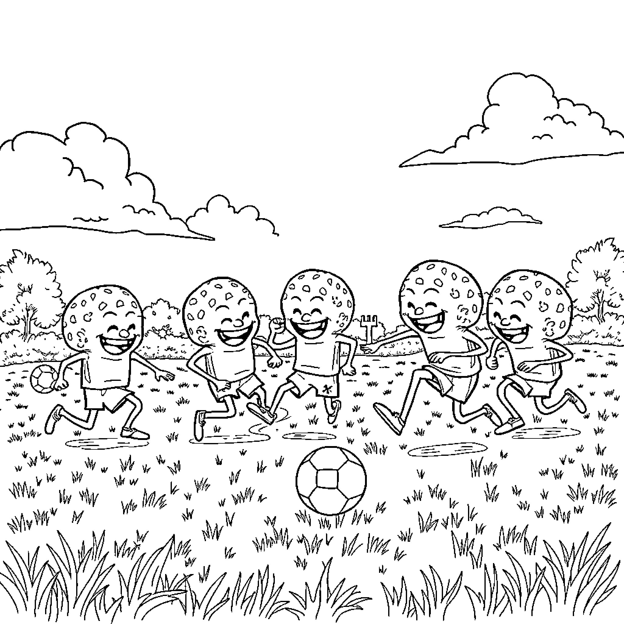 Brainrot soccer match in the park Coloring Page (free black-and-white line drawing printable PDF for all, from beginners to advanced learners, including children, teens, adults, and seniors)