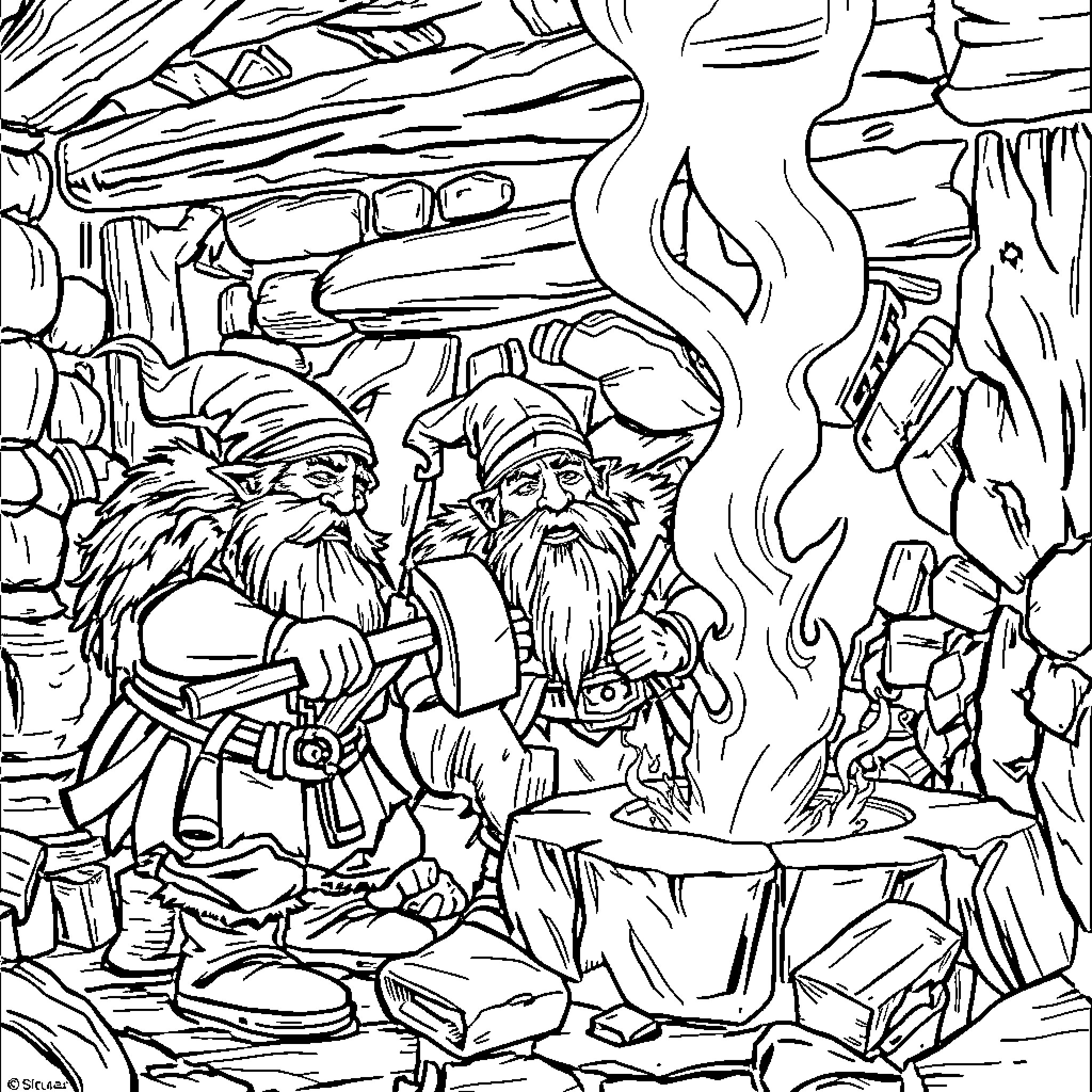 Dwarf blacksmiths hard at work in the forge Coloring Page (free black-and-white line drawing printable PDF for all, from beginners to advanced learners, including children, teens, adults, and seniors)