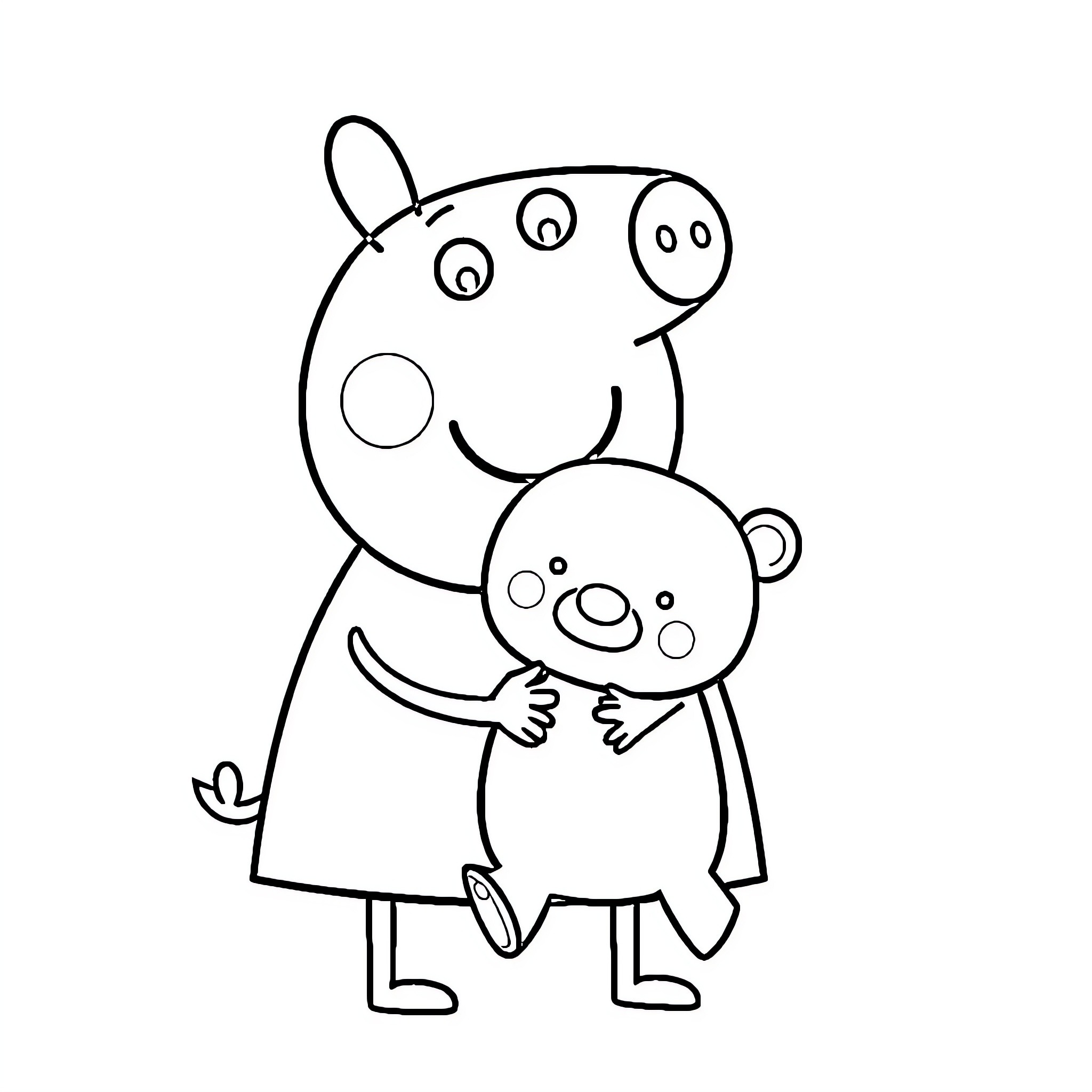 Peppa Pig hugging her little brother Coloring Page (free black-and-white line drawing printable PDF for all, from beginners to advanced learners, including children, teens, adults, and seniors)