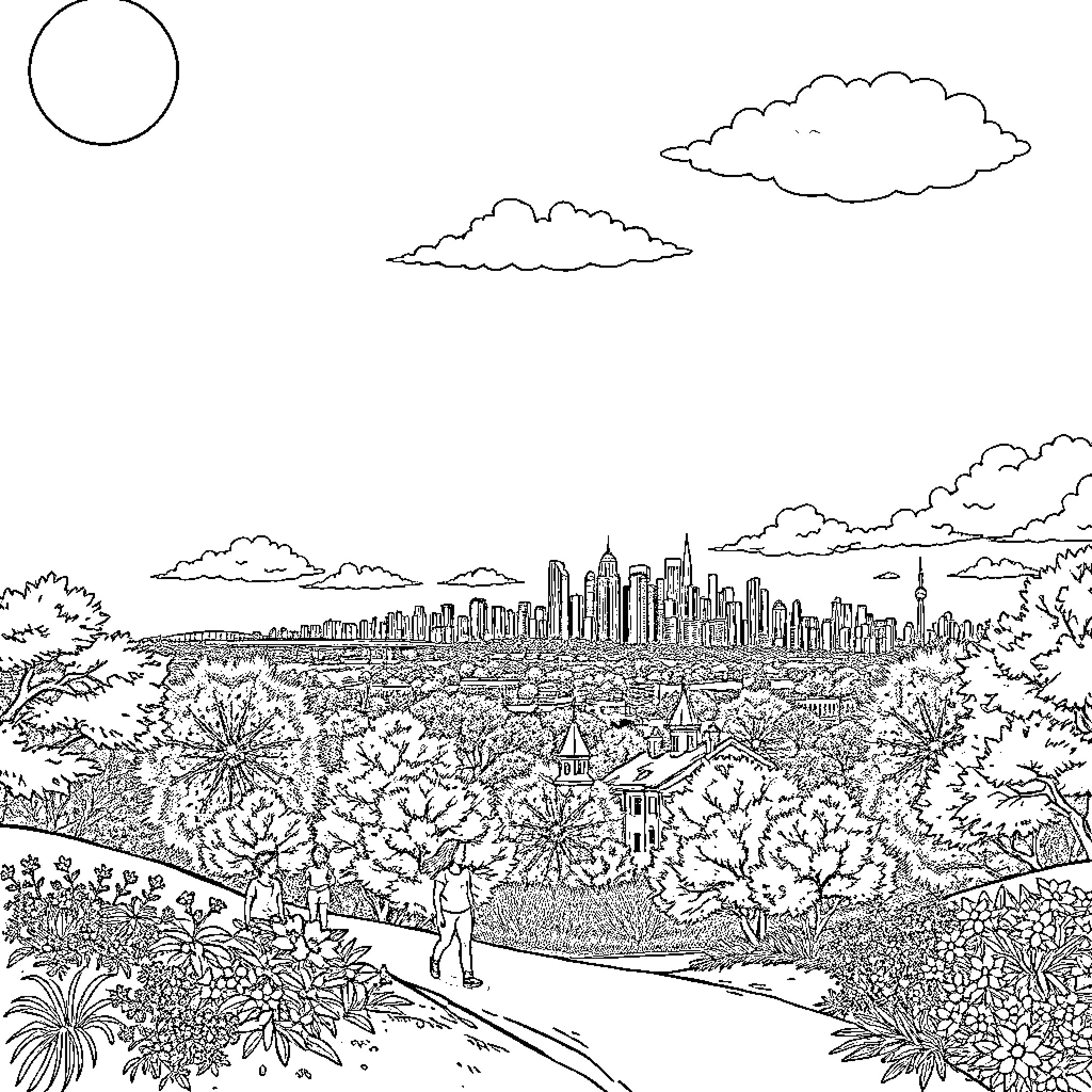 Nature's Cityscape: A Peaceful Panorama Coloring Page (free black-and-white line drawing printable PDF for all, from beginners to advanced learners, including children, teens, adults, and seniors)