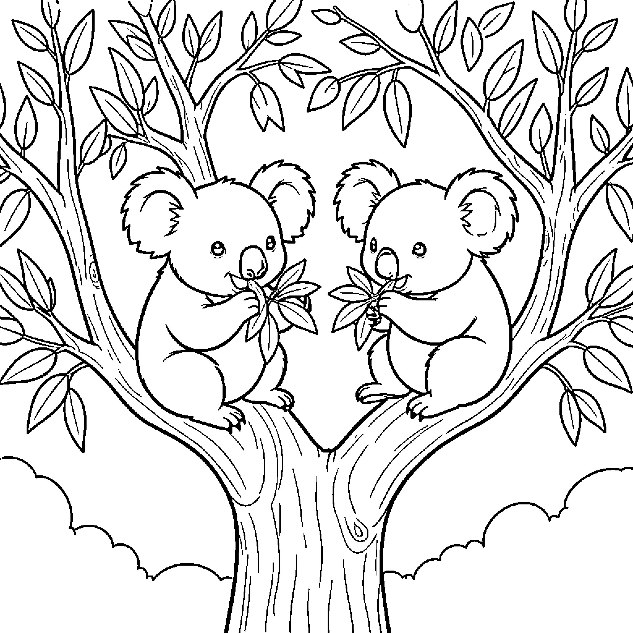 Koala pair sitting on branches eating leaves Coloring Page (free black-and-white line drawing printable PDF for all, from beginners to advanced learners, including children, teens, adults, and seniors)
