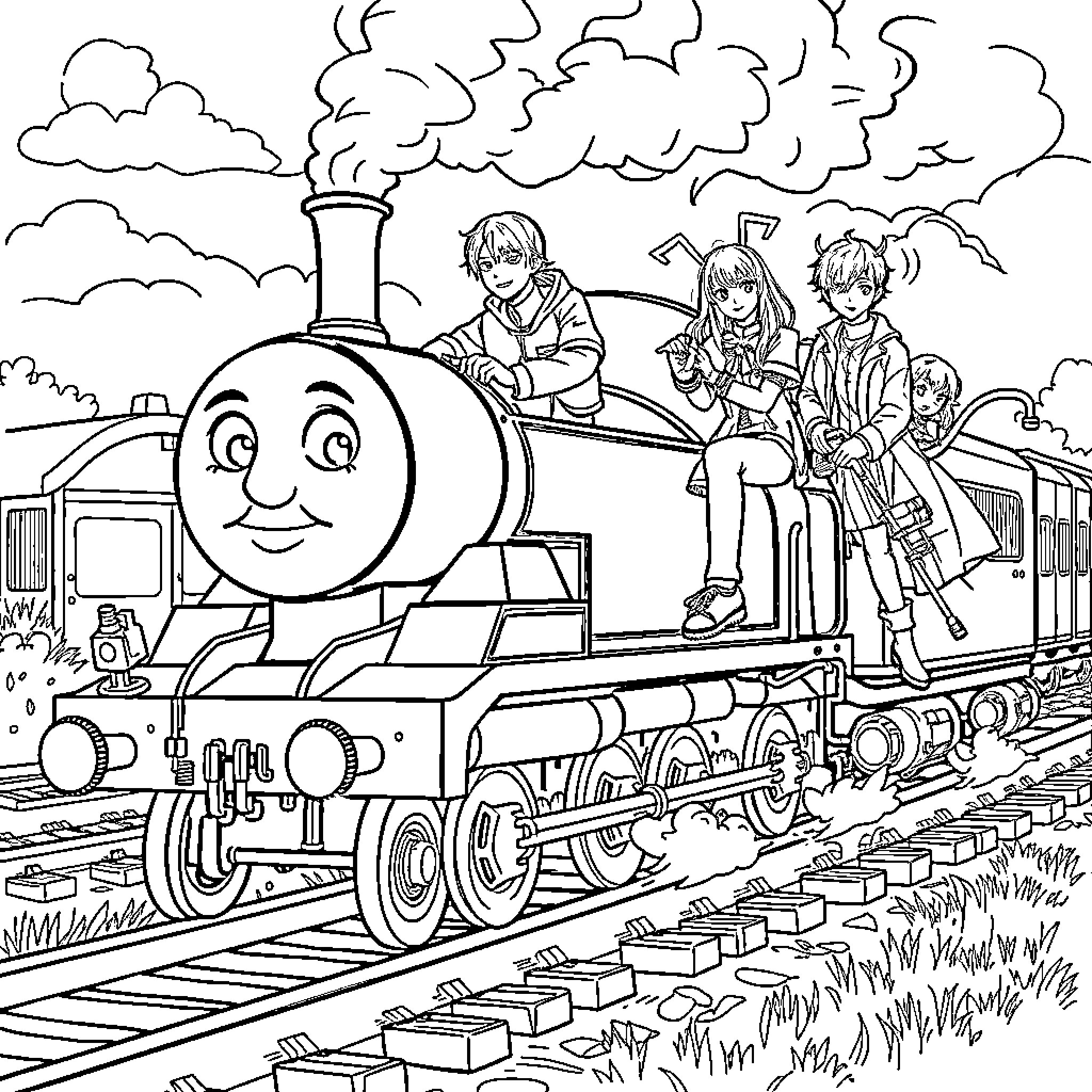 Thomas and friends enjoying a train ride through the countryside Coloring Page (free black-and-white line drawing printable PDF for all, from beginners to advanced learners, including children, teens, adults, and seniors)