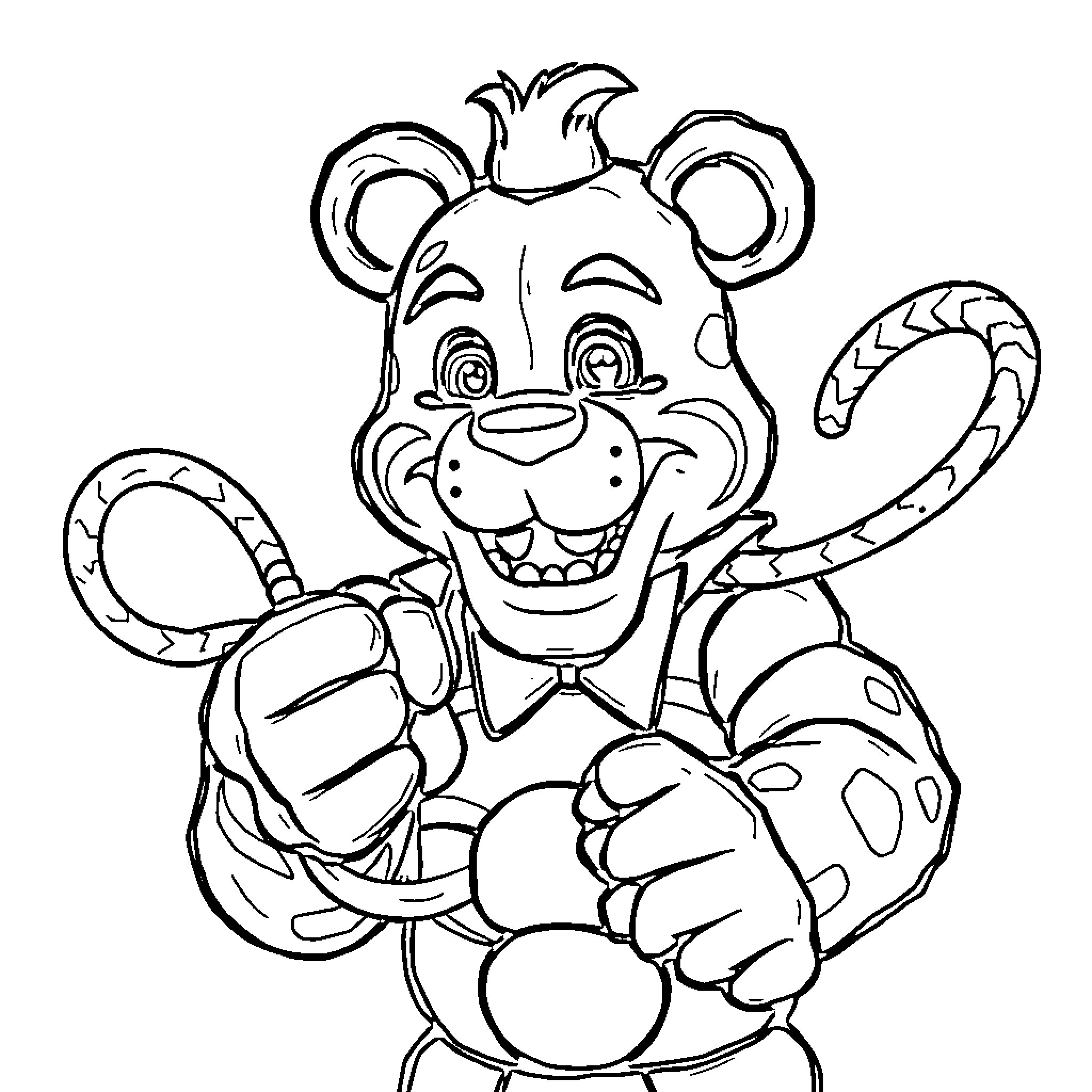 Freddy Fazbear happily waving and posing Coloring Page (free black-and-white line drawing printable PDF for all, from beginners to advanced learners, including children, teens, adults, and seniors)