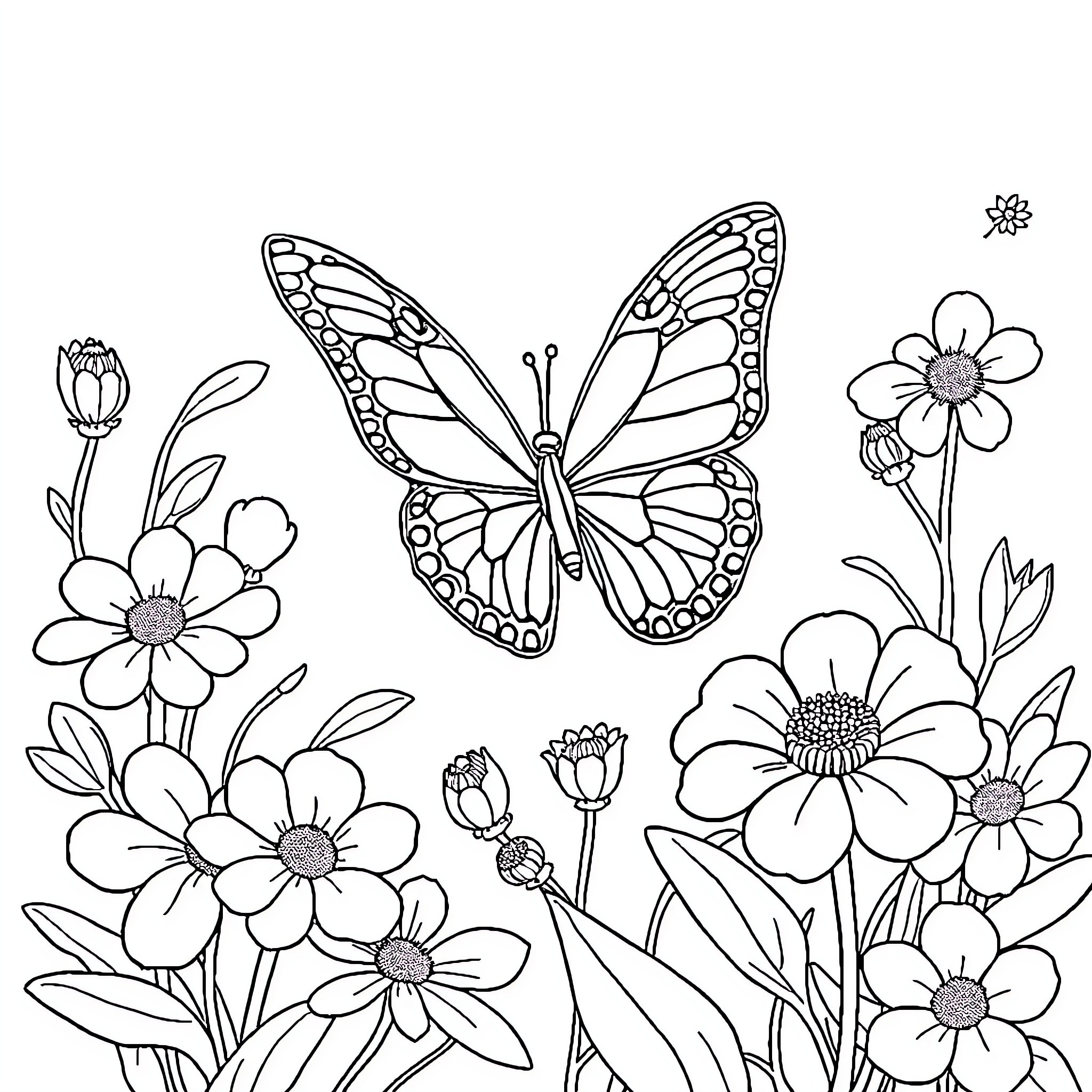 Butterfly amidst blooming flowers Coloring Page (free black-and-white line drawing printable PDF for all, from beginners to advanced learners, including children, teens, adults, and seniors)