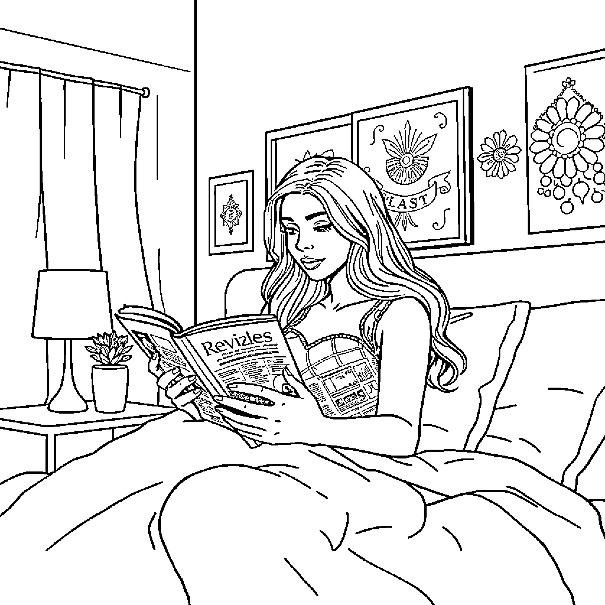 Chica reading a magazine in her cozy bedroom Coloring Page (free black-and-white line drawing printable PDF for all, from beginners to advanced learners, including children, teens, adults, and seniors)