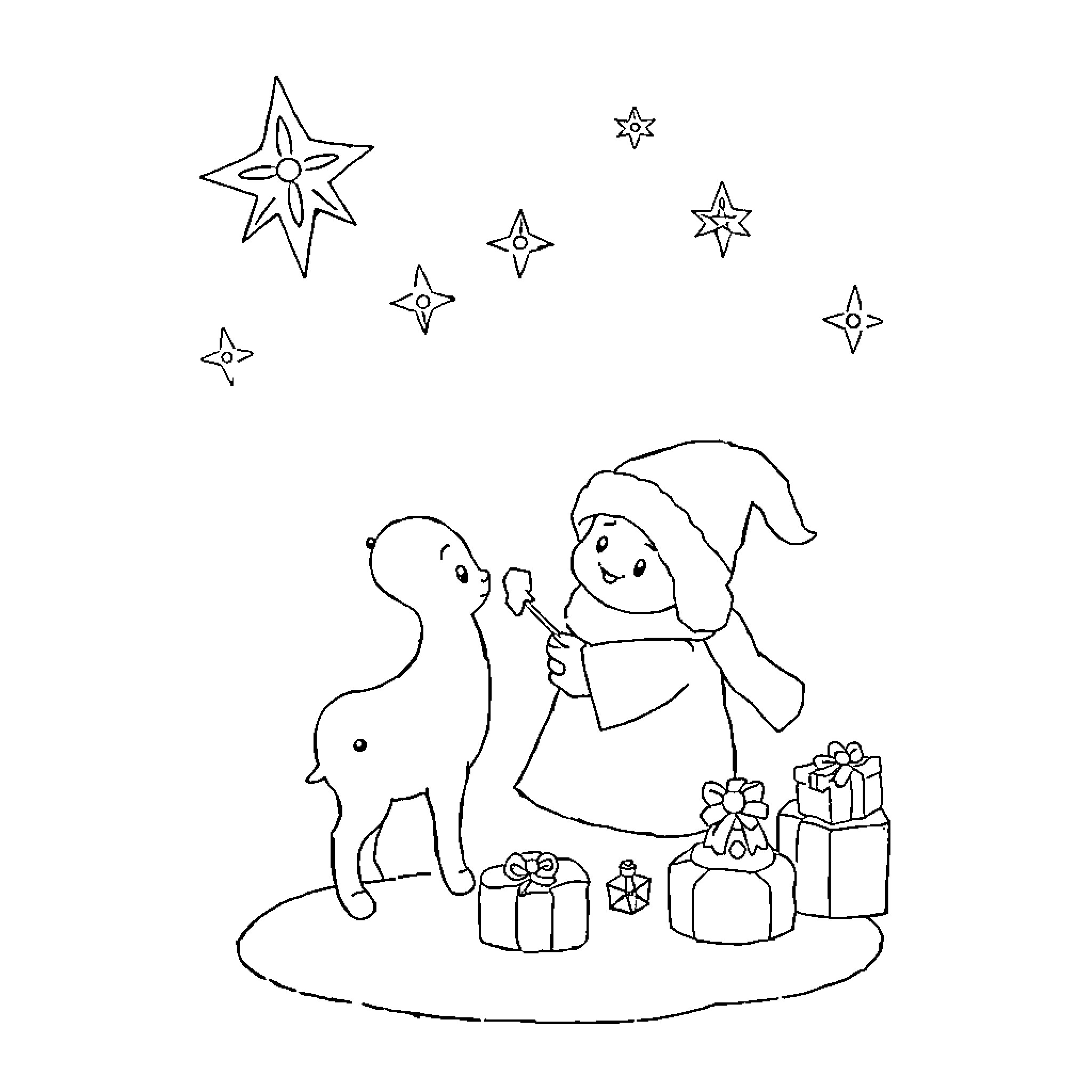 Christmas Baby playing with festive animal friend Coloring Page (free black-and-white line drawing printable PDF for all, from beginners to advanced learners, including children, teens, adults, and seniors)