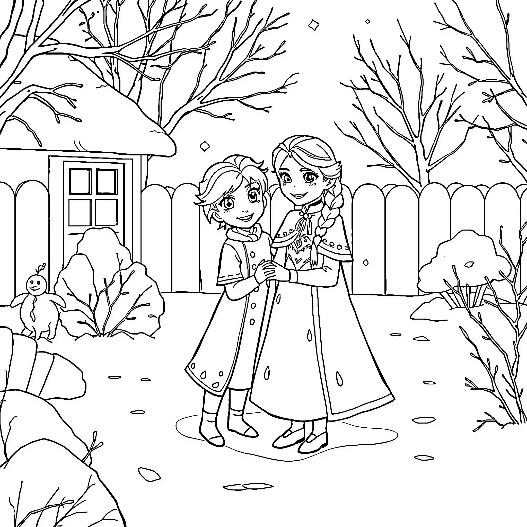 Anna and Elsa enjoying a winter day together Coloring Page (free black-and-white line drawing printable PDF for all, from beginners to advanced learners, including children, teens, adults, and seniors)
