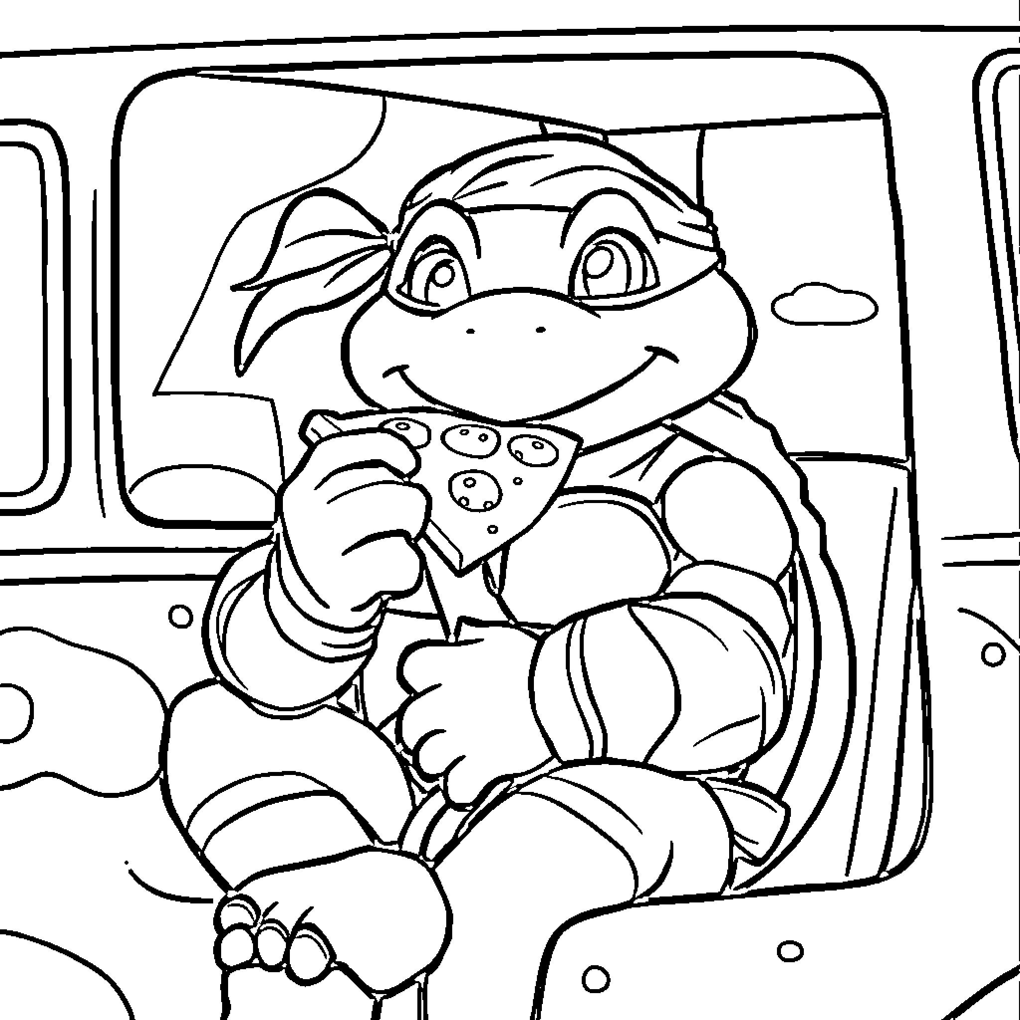 Ninja Turtle Enjoying Pizza in Car Coloring Page (free black-and-white line drawing printable PDF for all, from beginners to advanced learners, including children, teens, adults, and seniors)