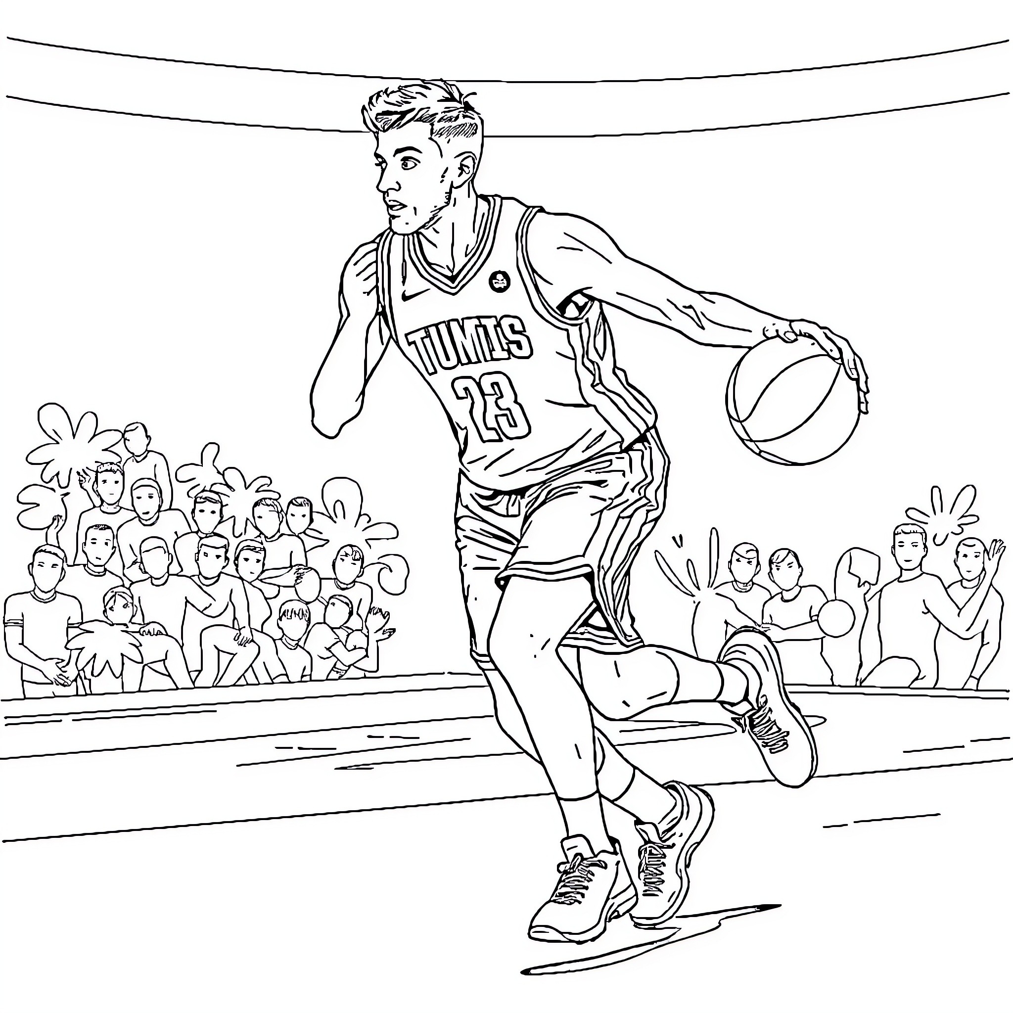 Luka Doncic performing basketball trick in front of crowd Coloring Page (free black-and-white line drawing printable PDF for all, from beginners to advanced learners, including children, teens, adults, and seniors)