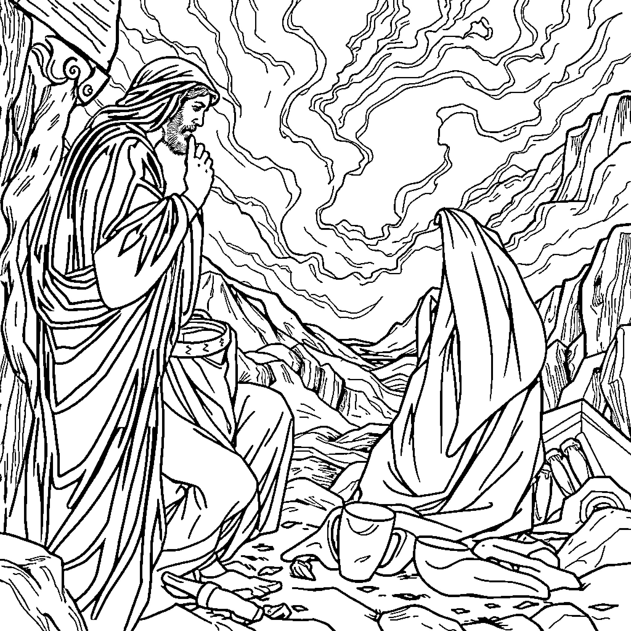 Antigone confronting the gods in the wilderness Coloring Page (free black-and-white line drawing printable PDF for all, from beginners to advanced learners, including children, teens, adults, and seniors)