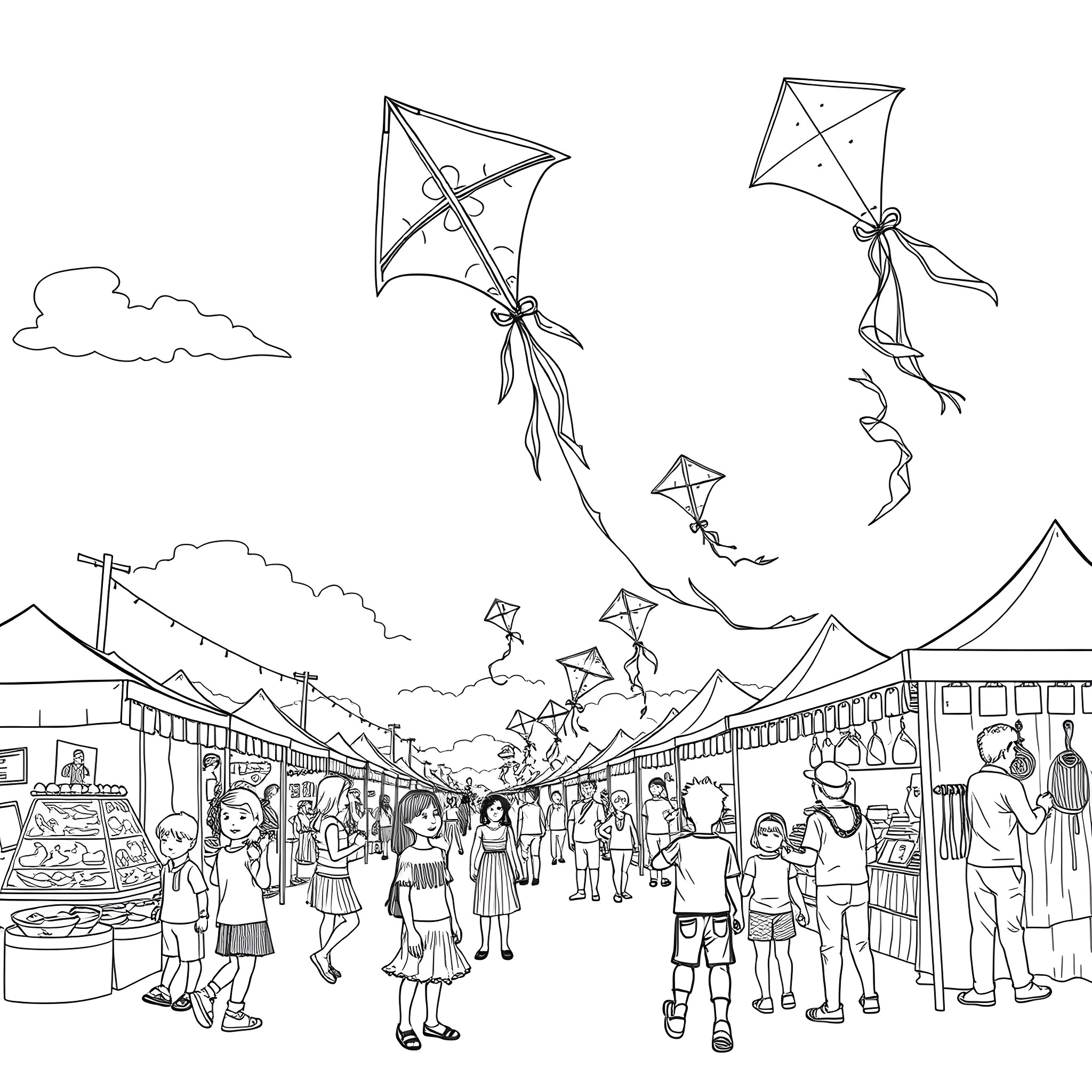 Kites flying high at the outdoor market festival Coloring Page (free black-and-white line drawing printable PDF for all, from beginners to advanced learners, including children, teens, adults, and seniors)
