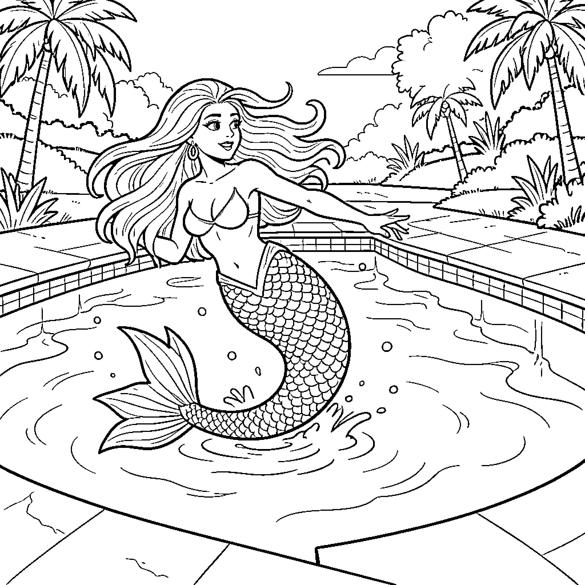 Mermaid relaxing in a tropical swimming pool Coloring Page (free black-and-white line drawing printable PDF for all, from beginners to advanced learners, including children, teens, adults, and seniors)