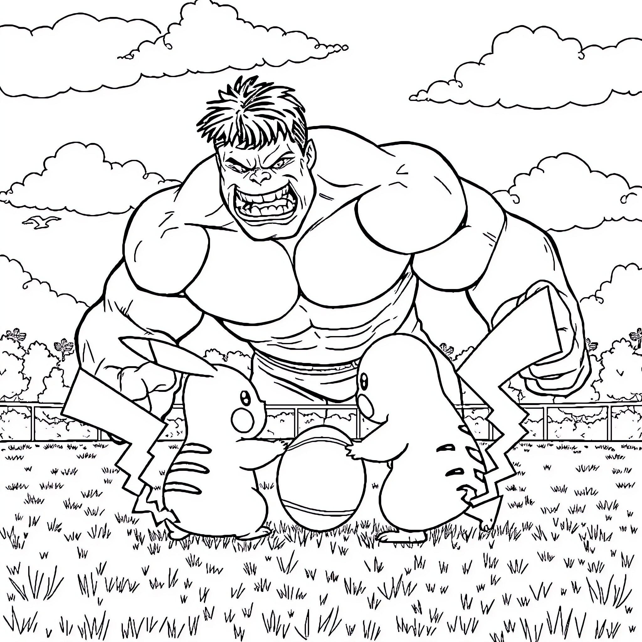 Pikachu battling a strong and angry muscular character Coloring Page (free black-and-white line drawing printable PDF for all, from beginners to advanced learners, including children, teens, adults, and seniors)