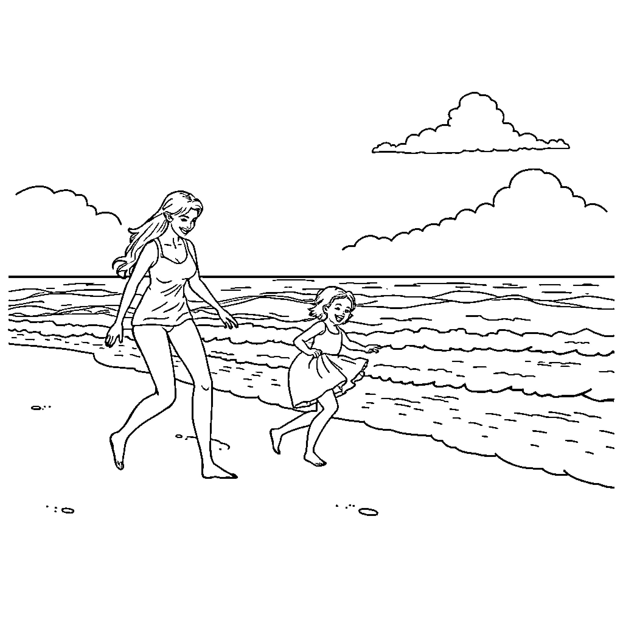 Family enjoying a day at the beach Coloring Page (free black-and-white line drawing printable PDF for all, from beginners to advanced learners, including children, teens, adults, and seniors)