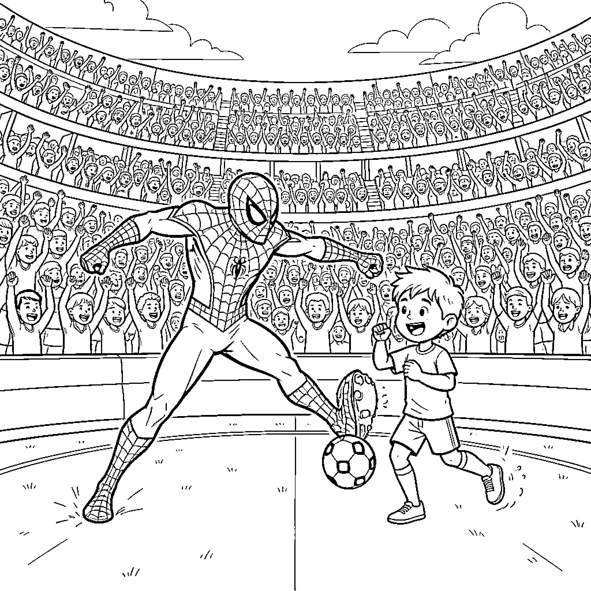 Spider-Man playing soccer with a young boy Coloring Page (free black-and-white line drawing printable PDF for all, from beginners to advanced learners, including children, teens, adults, and seniors)