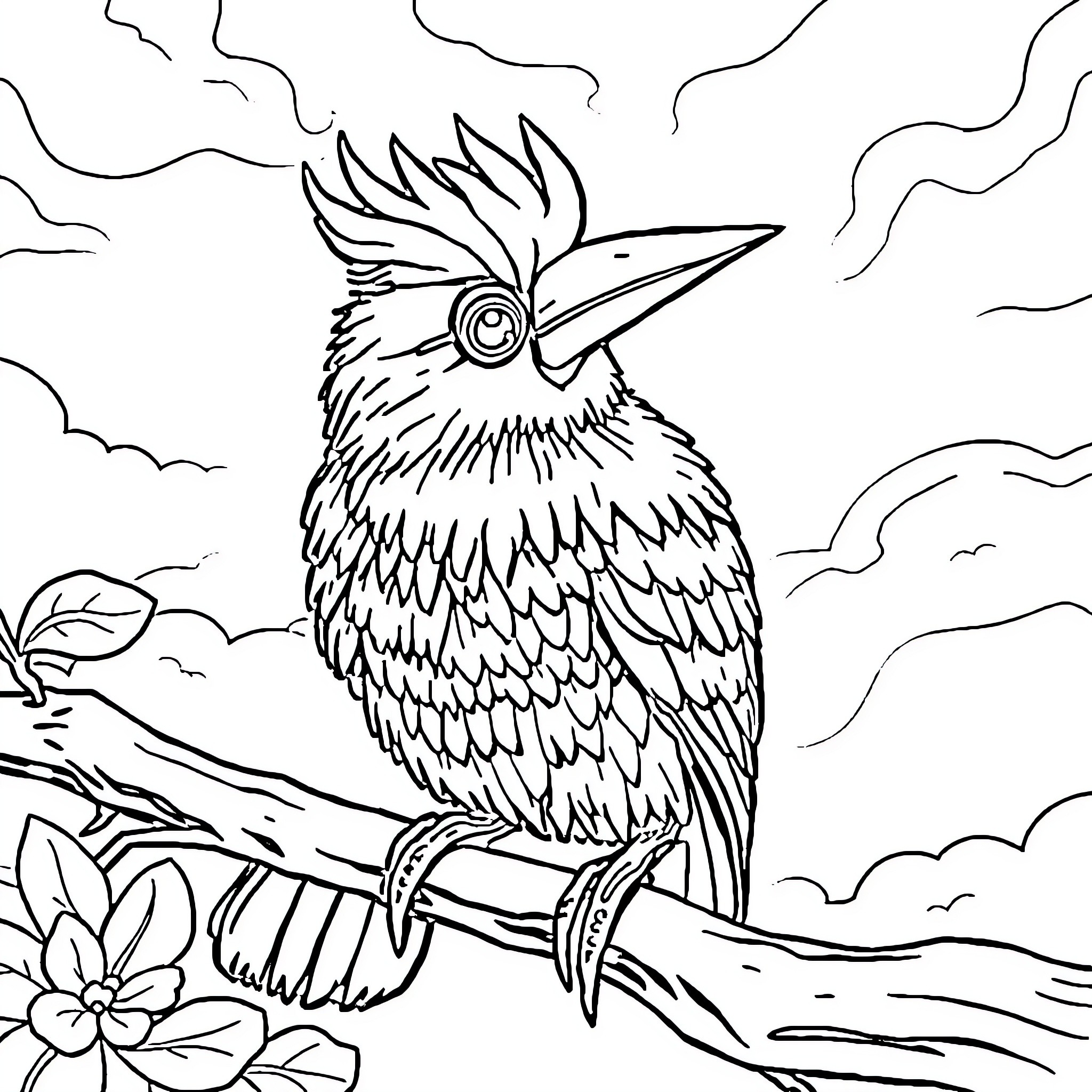 Unicorn bird perched on a branch Coloring Page (free black-and-white line drawing printable PDF for all, from beginners to advanced learners, including children, teens, adults, and seniors)