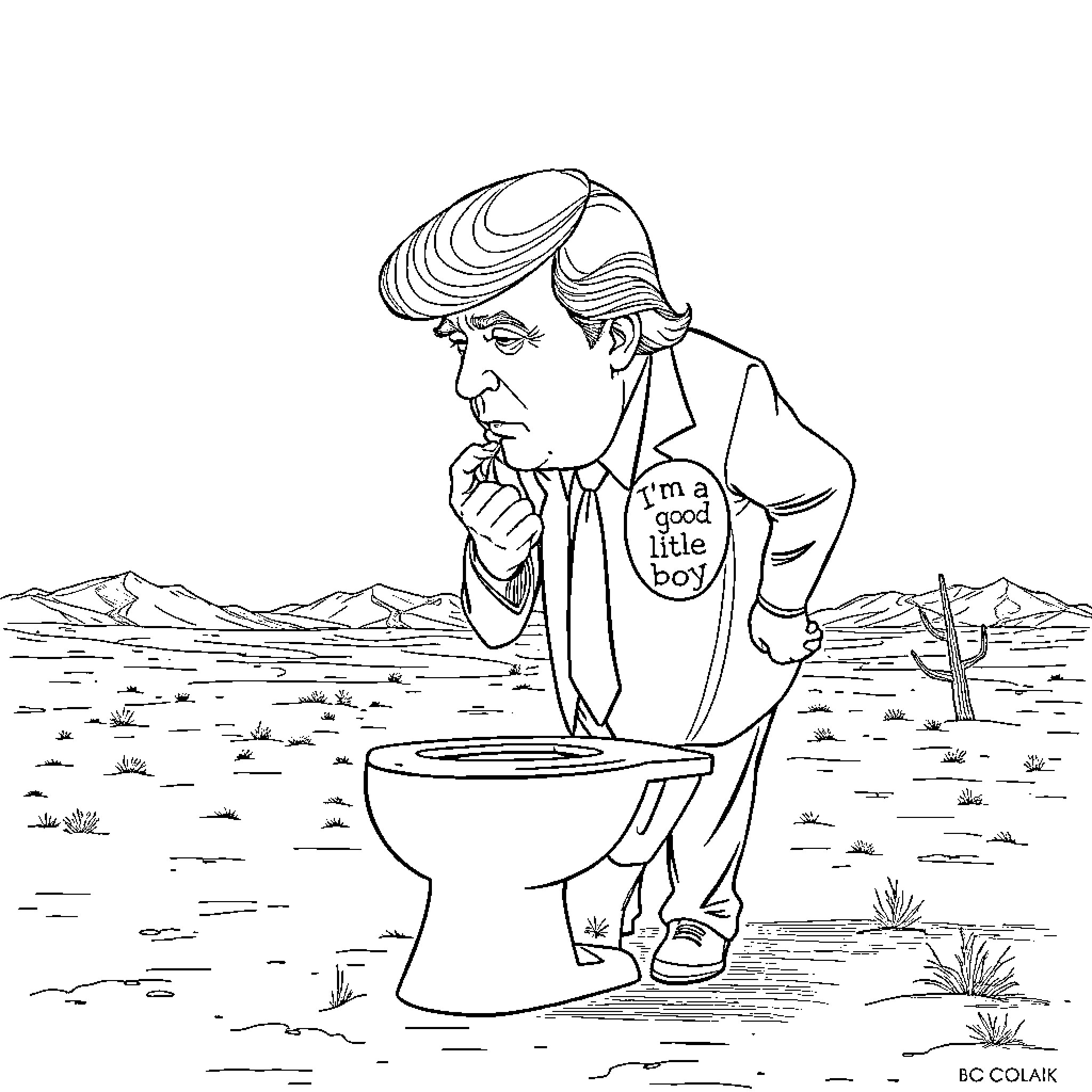 Donald Trump Sitting on Toilet in Barren Landscape Coloring Page (free black-and-white line drawing printable PDF for all, from beginners to advanced learners, including children, teens, adults, and seniors)