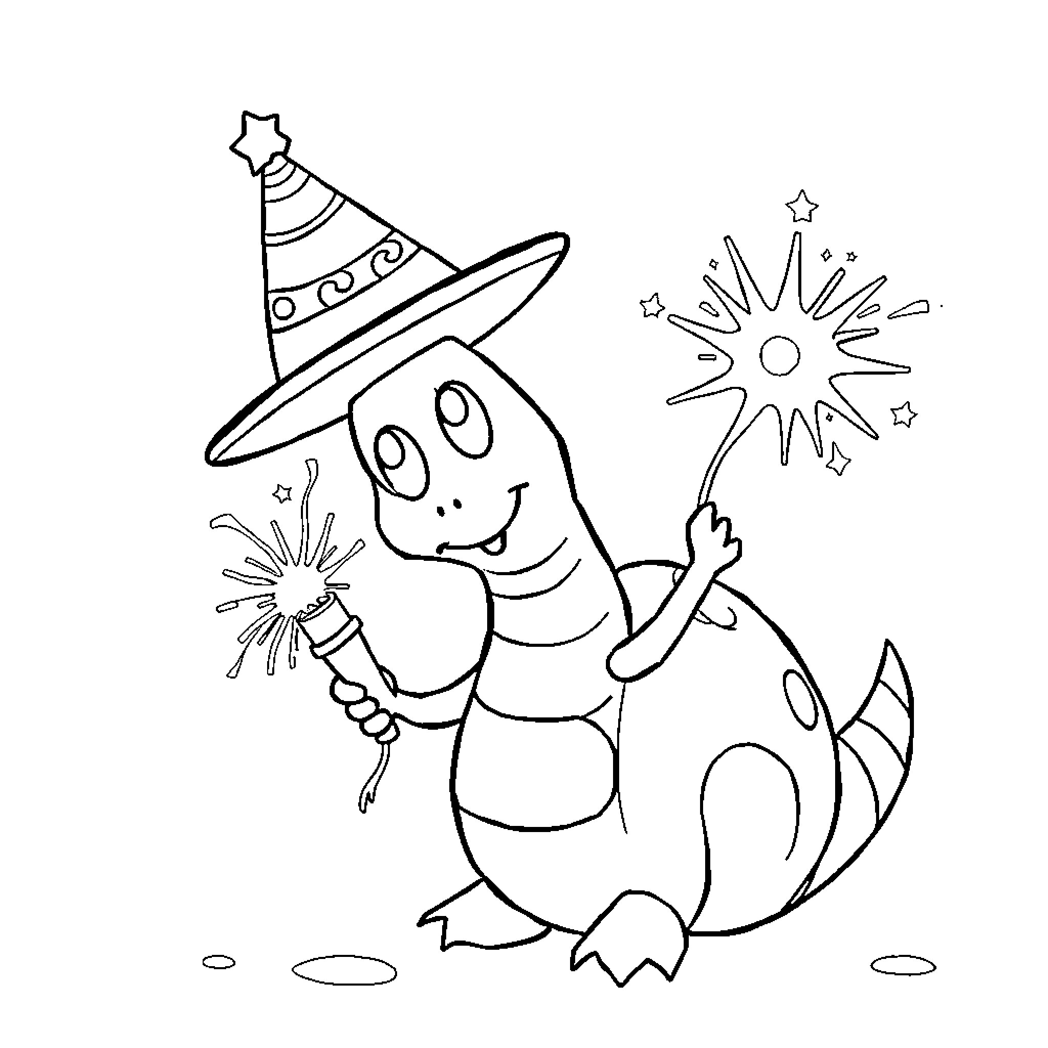 Macaron celebrating with fireworks and party hat Coloring Page (free black-and-white line drawing printable PDF for all, from beginners to advanced learners, including children, teens, adults, and seniors)
