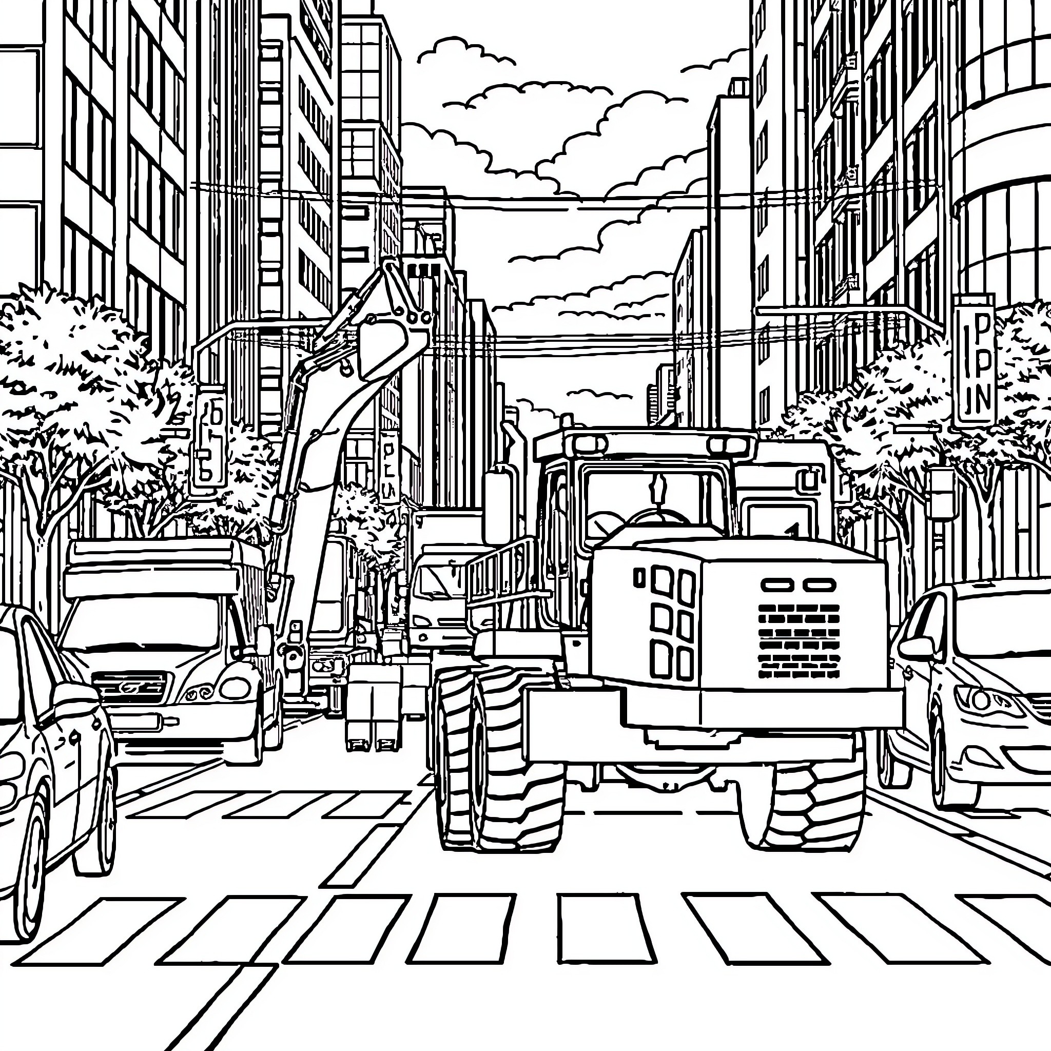 Construction Equipment Busy at Work in Urban Cityscape Coloring Page (free black-and-white line drawing printable PDF for all, from beginners to advanced learners, including children, teens, adults, and seniors)