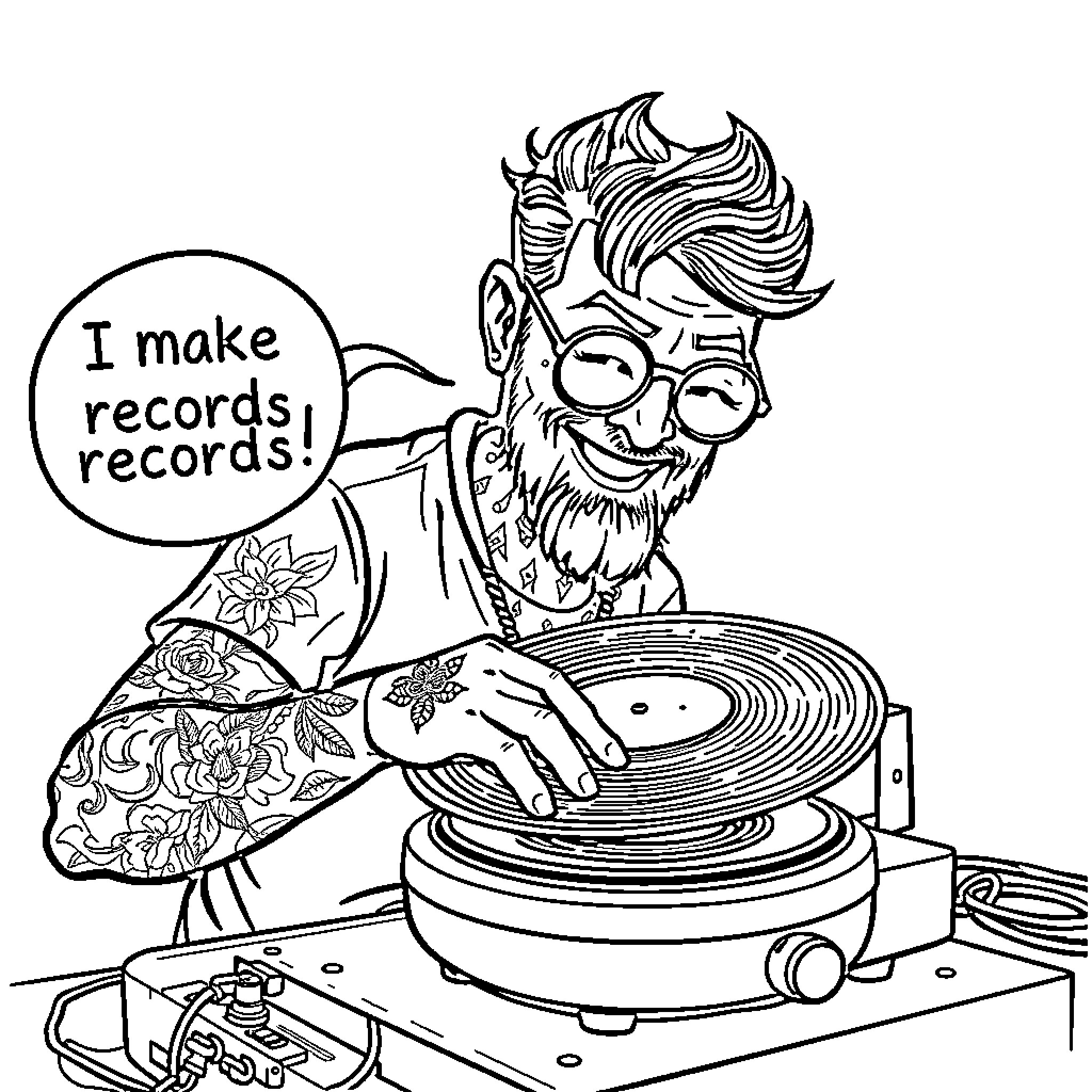 Hipster DJ Enthusiastically Spinning Vinyl Records Coloring Page (free black-and-white line drawing printable PDF for all, from beginners to advanced learners, including children, teens, adults, and seniors)