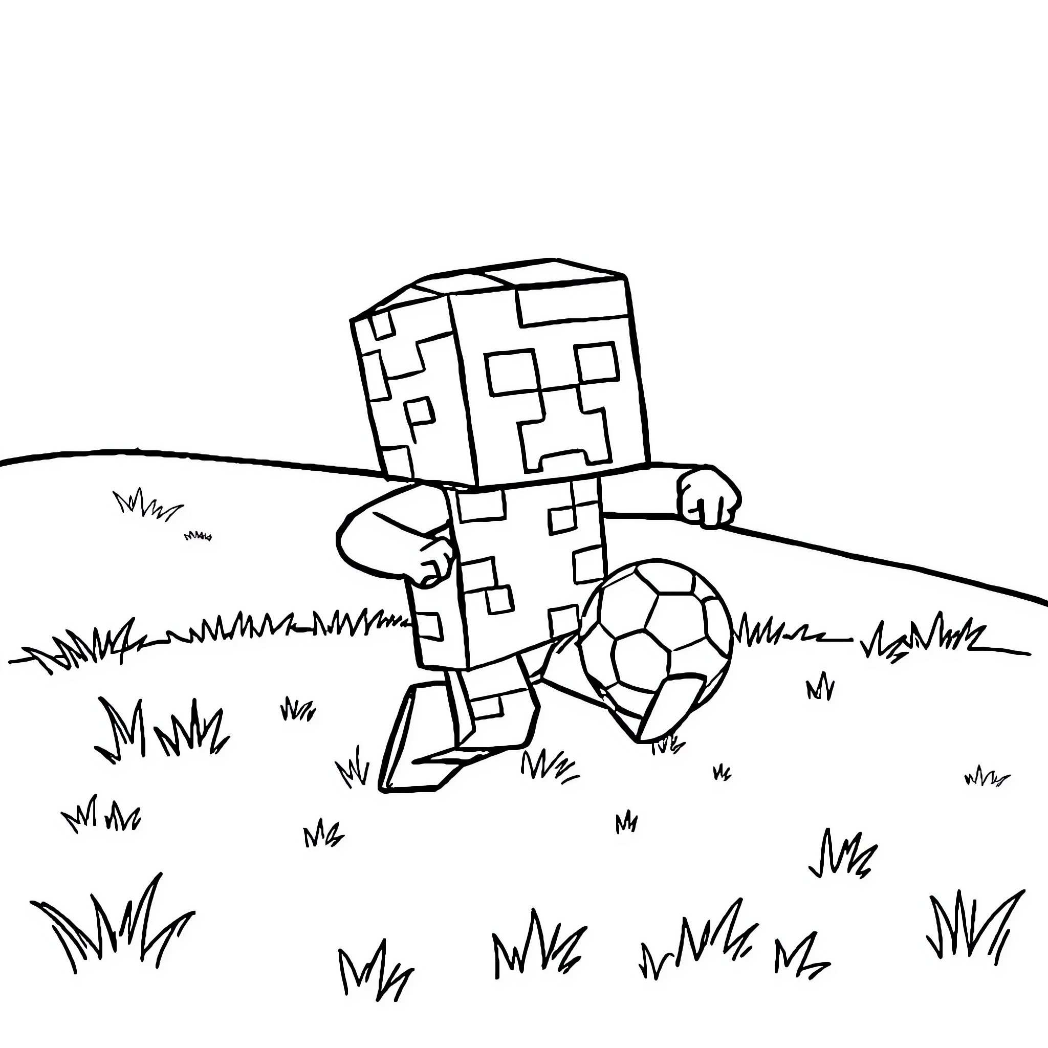 Creeper kicking a soccer ball in the field Coloring Page (free black-and-white line drawing printable PDF for all, from beginners to advanced learners, including children, teens, adults, and seniors)