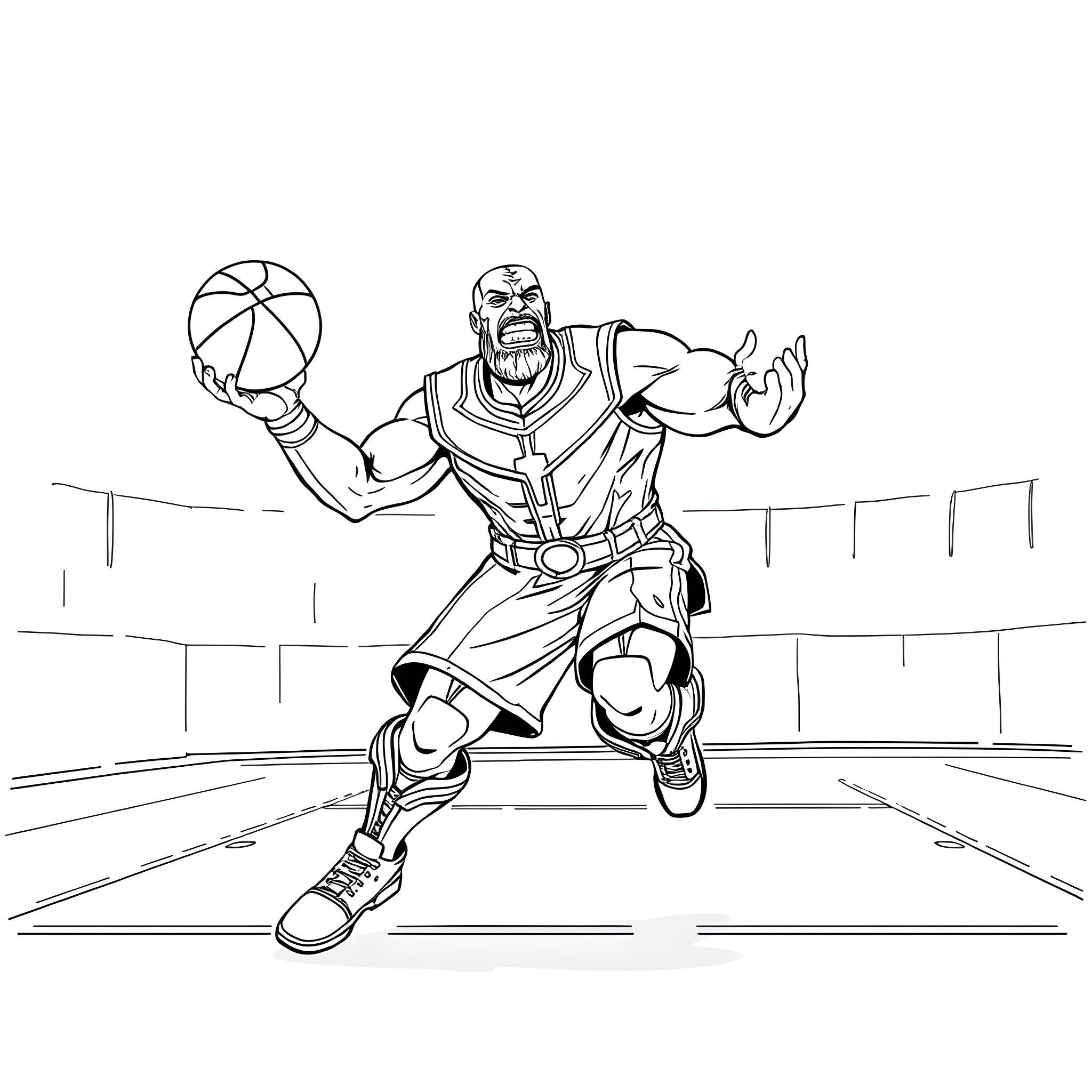 Thanos playing basketball with a fierce expression Coloring Page (free black-and-white line drawing printable PDF for all, from beginners to advanced learners, including children, teens, adults, and seniors)