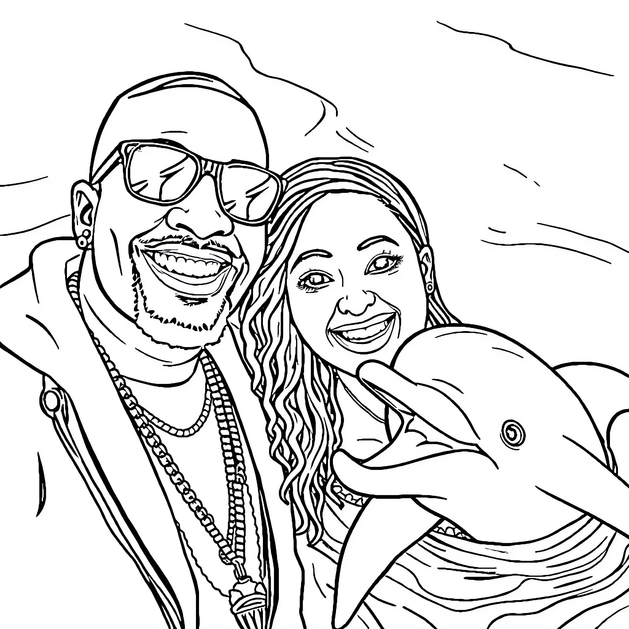Dolphin couple posing with enthusiasm and joy Coloring Page (free black-and-white line drawing printable PDF for all, from beginners to advanced learners, including children, teens, adults, and seniors)