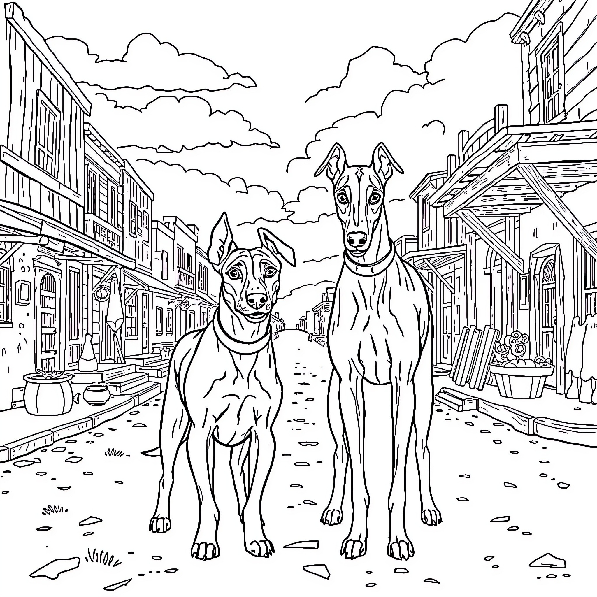 Dog duo exploring the old town streets Coloring Page (free black-and-white line drawing printable PDF for all, from beginners to advanced learners, including children, teens, adults, and seniors)
