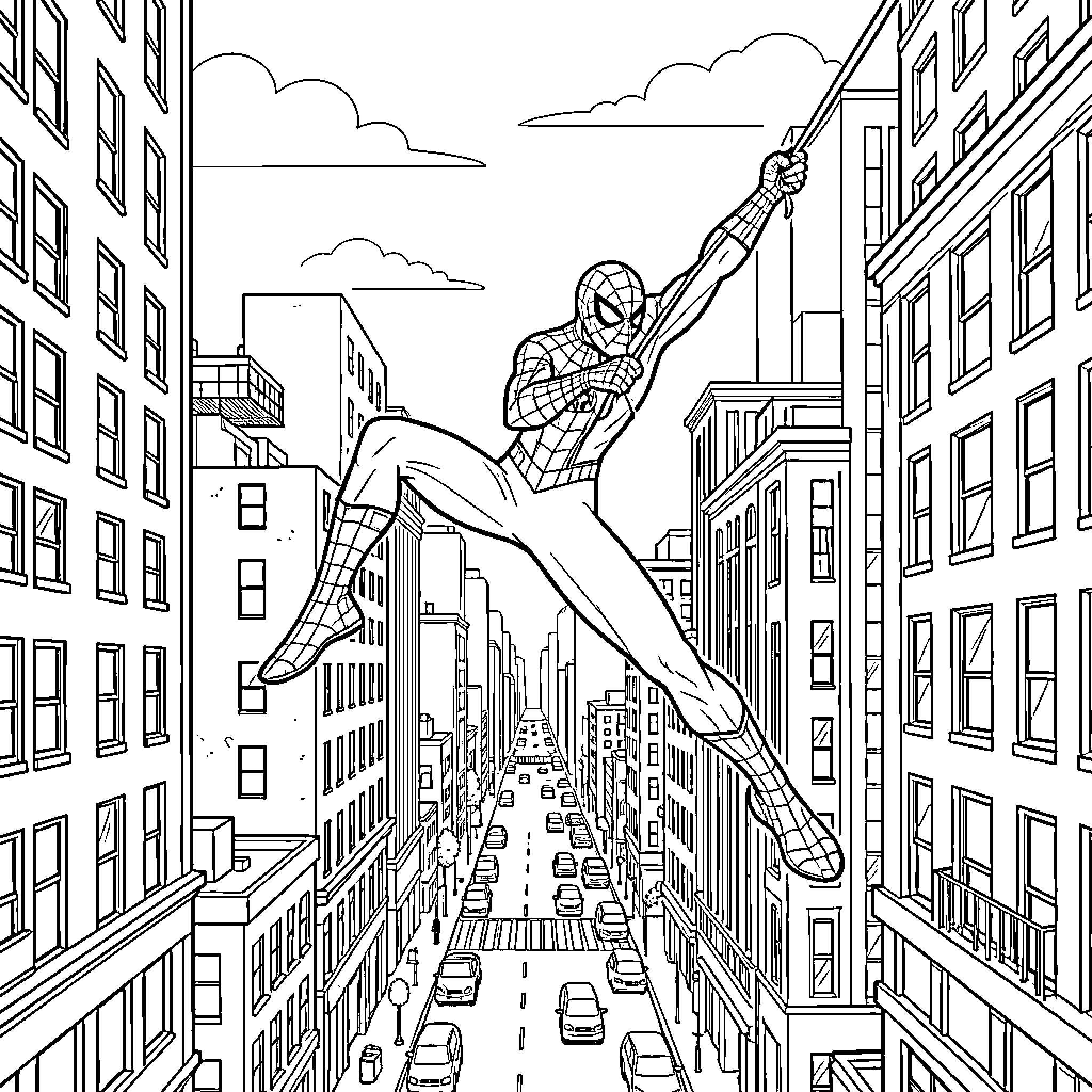 Spiderman swinging through a city street between buildings Coloring Page (free black-and-white line drawing printable PDF for all, from beginners to advanced learners, including children, teens, adults, and seniors)