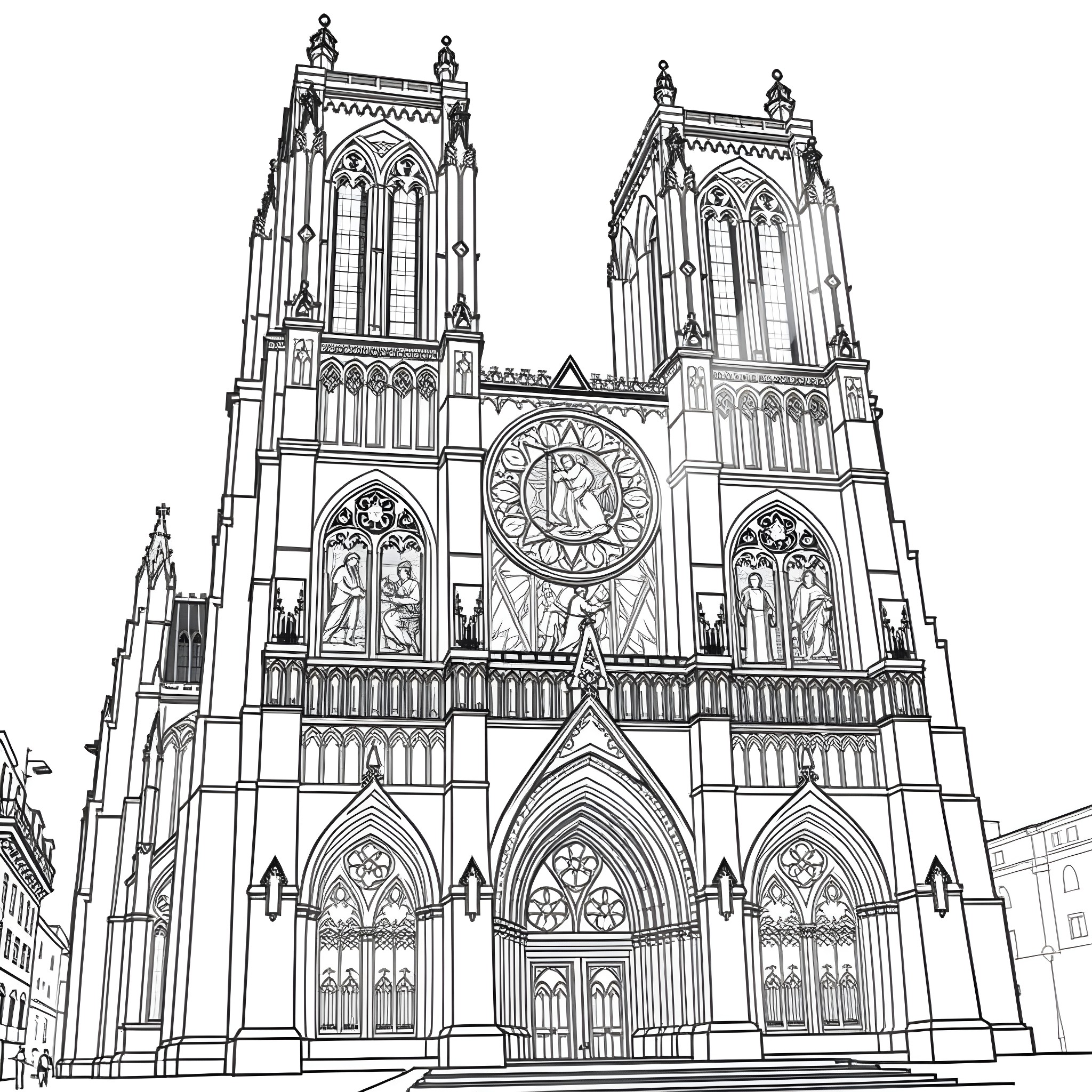 Norte Dame Cathedral's Majestic Gothic Architecture Coloring Page (free black-and-white line drawing printable PDF for all, from beginners to advanced learners, including children, teens, adults, and seniors)
