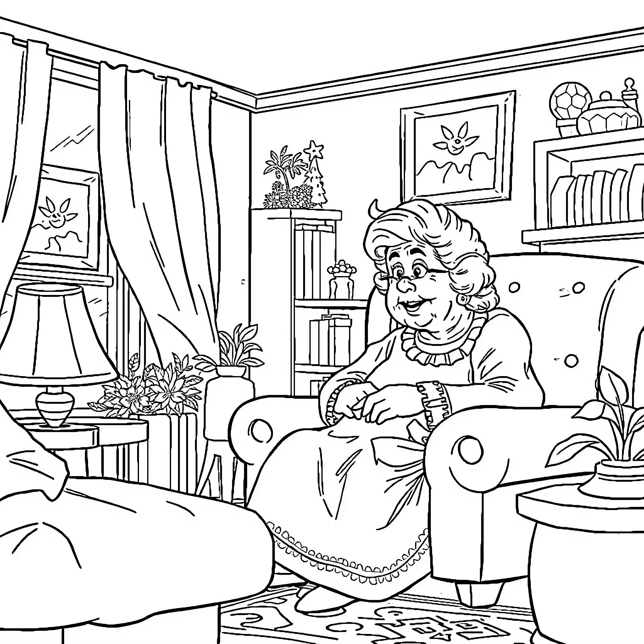 Granny Relaxing in Cozy Living Room Coloring Page (free black-and-white line drawing printable PDF for all, from beginners to advanced learners, including children, teens, adults, and seniors)