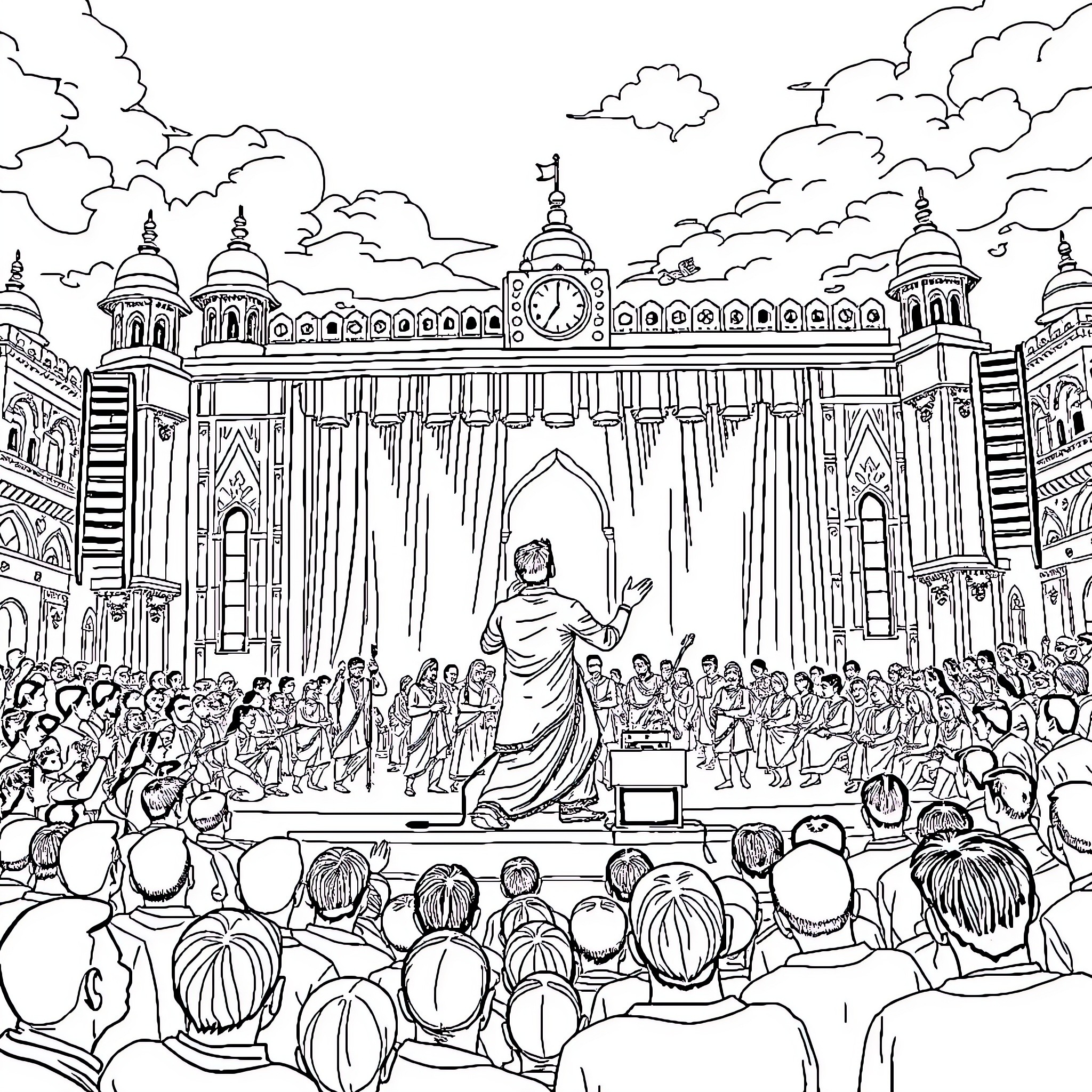 Artist depicts grand ceremonial event in ornate palace Coloring Page (free black-and-white line drawing printable PDF for all, from beginners to advanced learners, including children, teens, adults, and seniors)