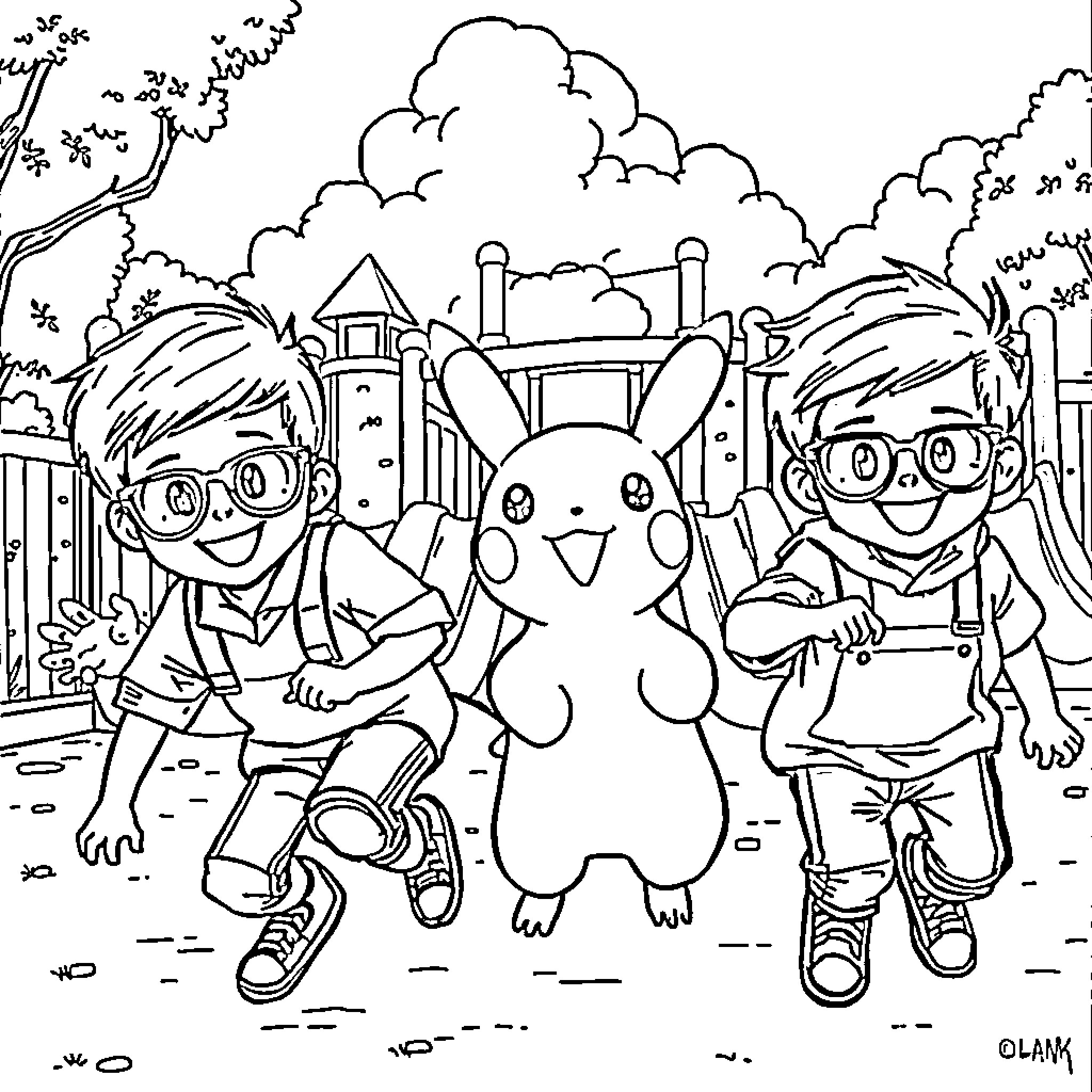 Boy friends playing with Pokemon character Coloring Page (free black-and-white line drawing printable PDF for all, from beginners to advanced learners, including children, teens, adults, and seniors)