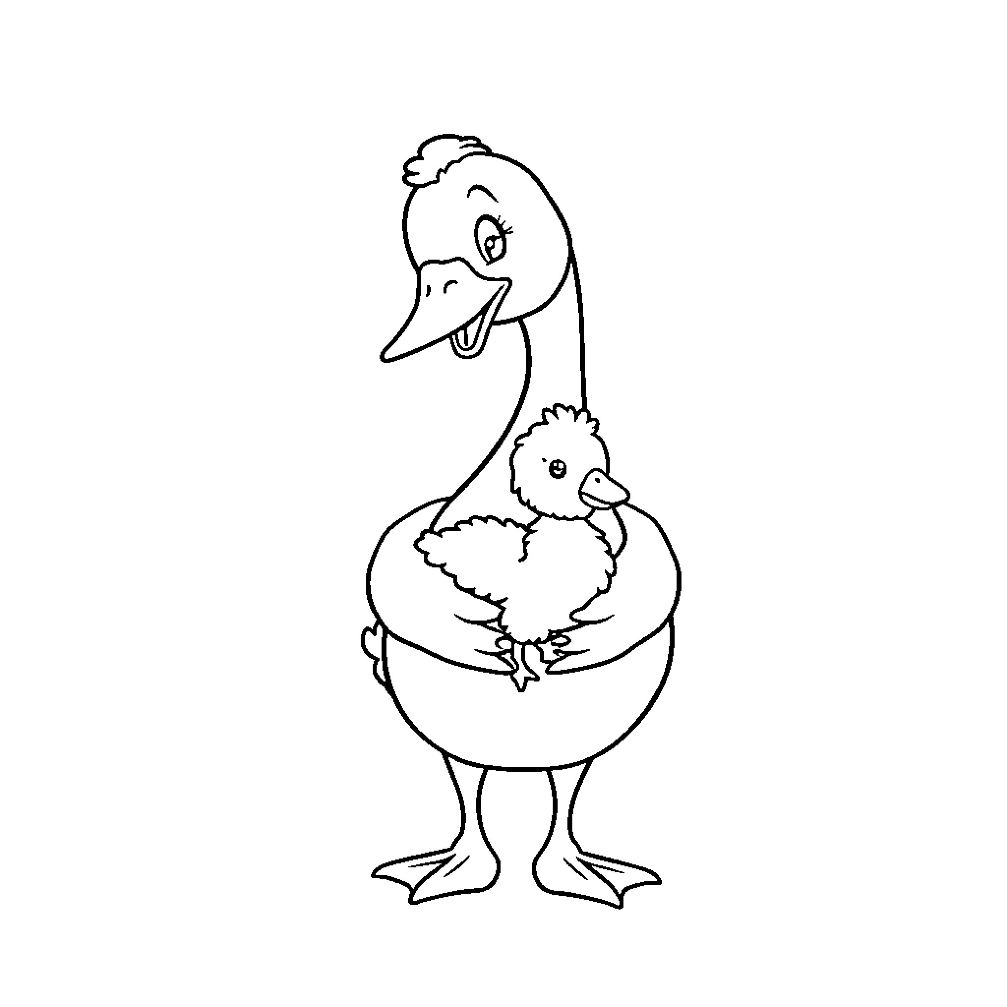 Mother Goose and her baby gosling Coloring Page (free black-and-white line drawing printable PDF for all, from beginners to advanced learners, including children, teens, adults, and seniors)