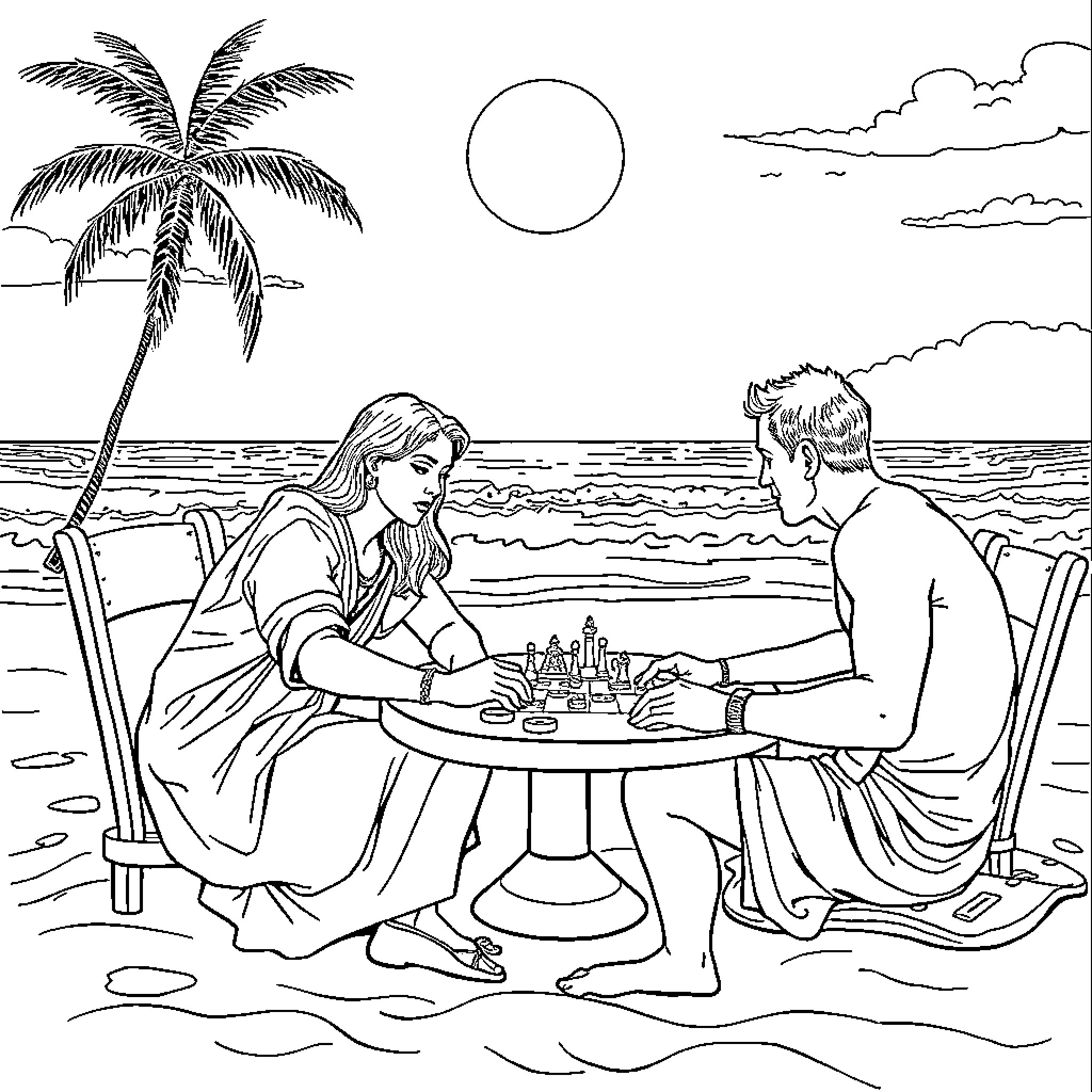 Justice League members enjoying a beach chess game Coloring Page (free black-and-white line drawing printable PDF for all, from beginners to advanced learners, including children, teens, adults, and seniors)