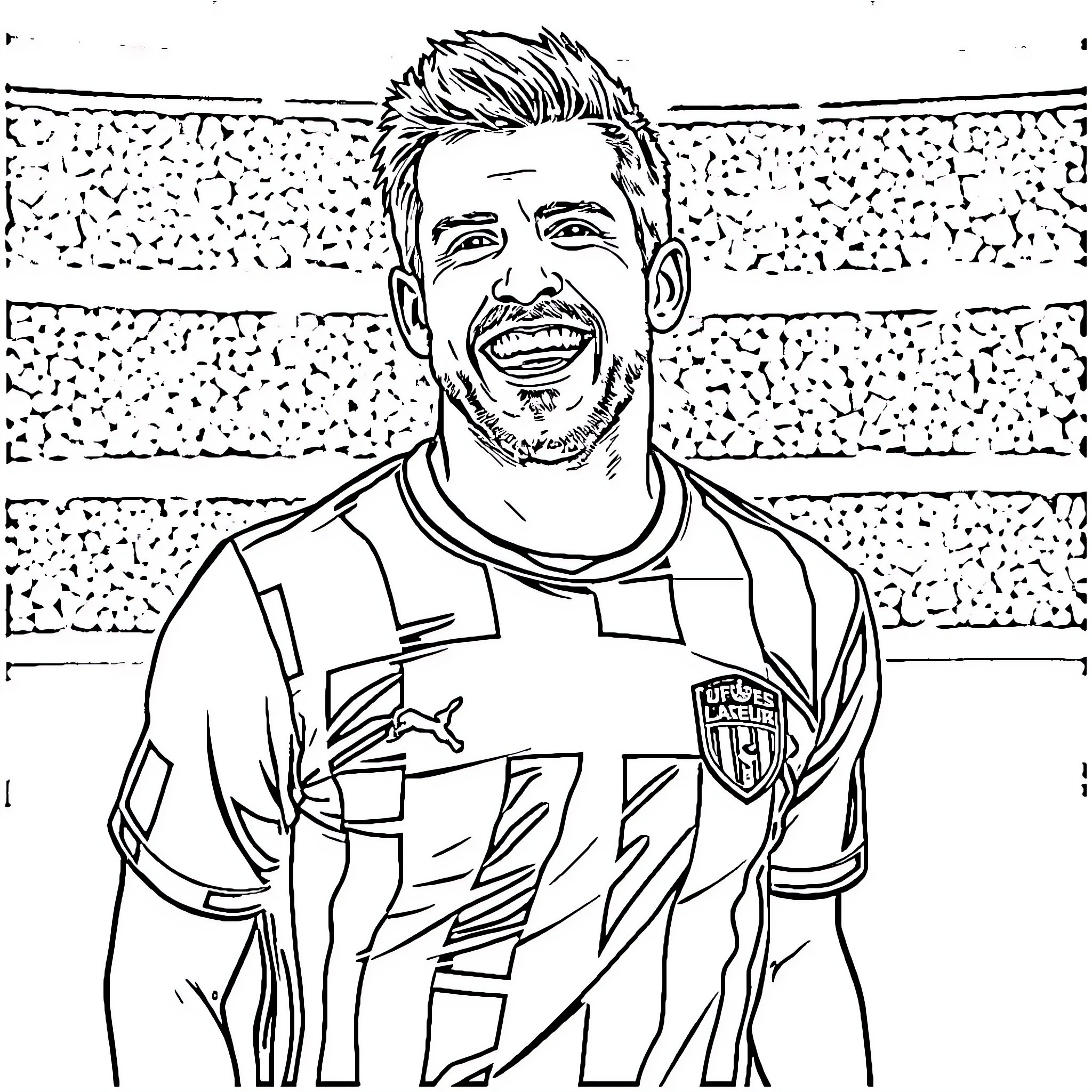 Rafael van der Vaart smiling joyfully in sports uniform Coloring Page (free black-and-white line drawing printable PDF for all, from beginners to advanced learners, including children, teens, adults, and seniors)