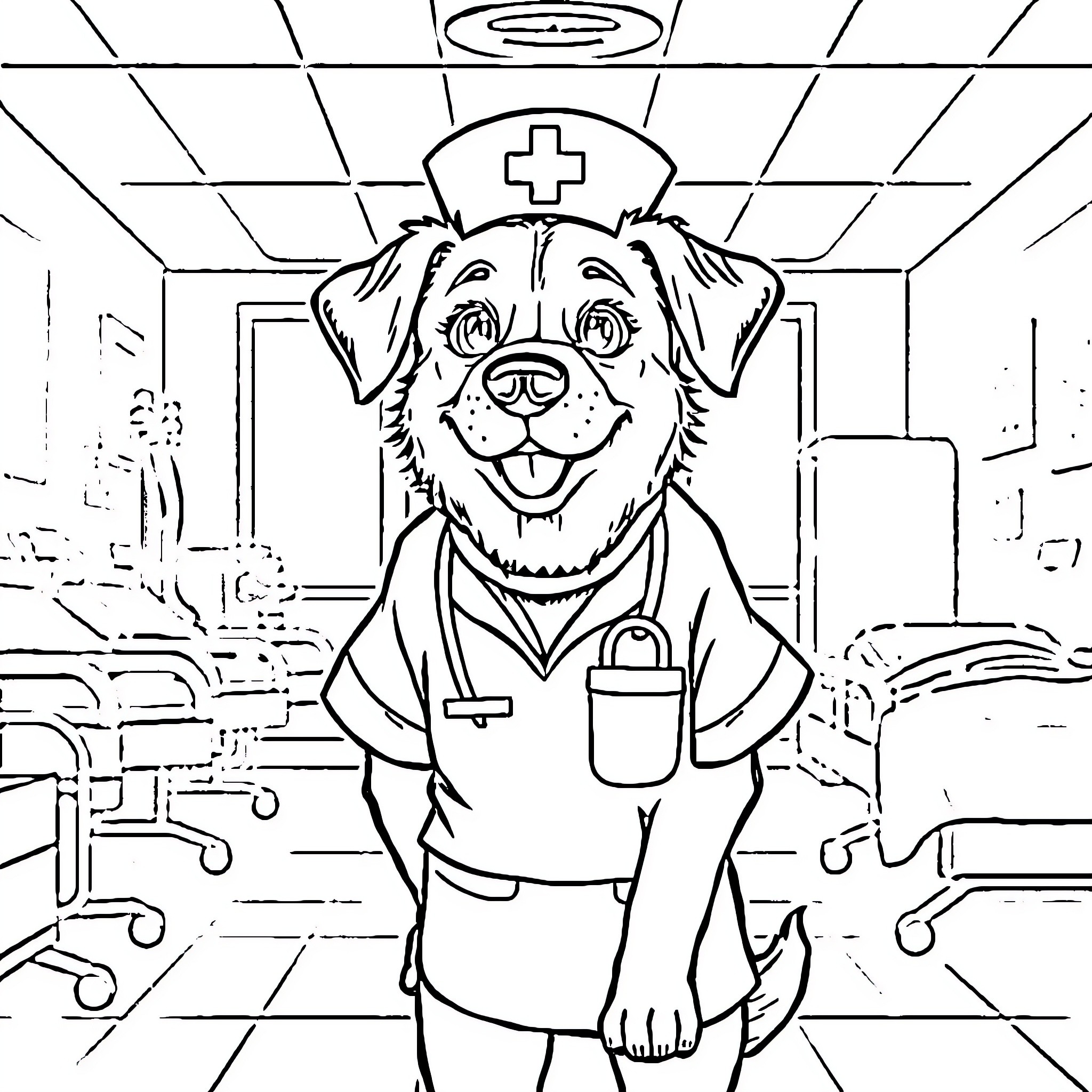 Dog veterinarian in medical attire at clinic Coloring Page (free black-and-white line drawing printable PDF for all, from beginners to advanced learners, including children, teens, adults, and seniors)