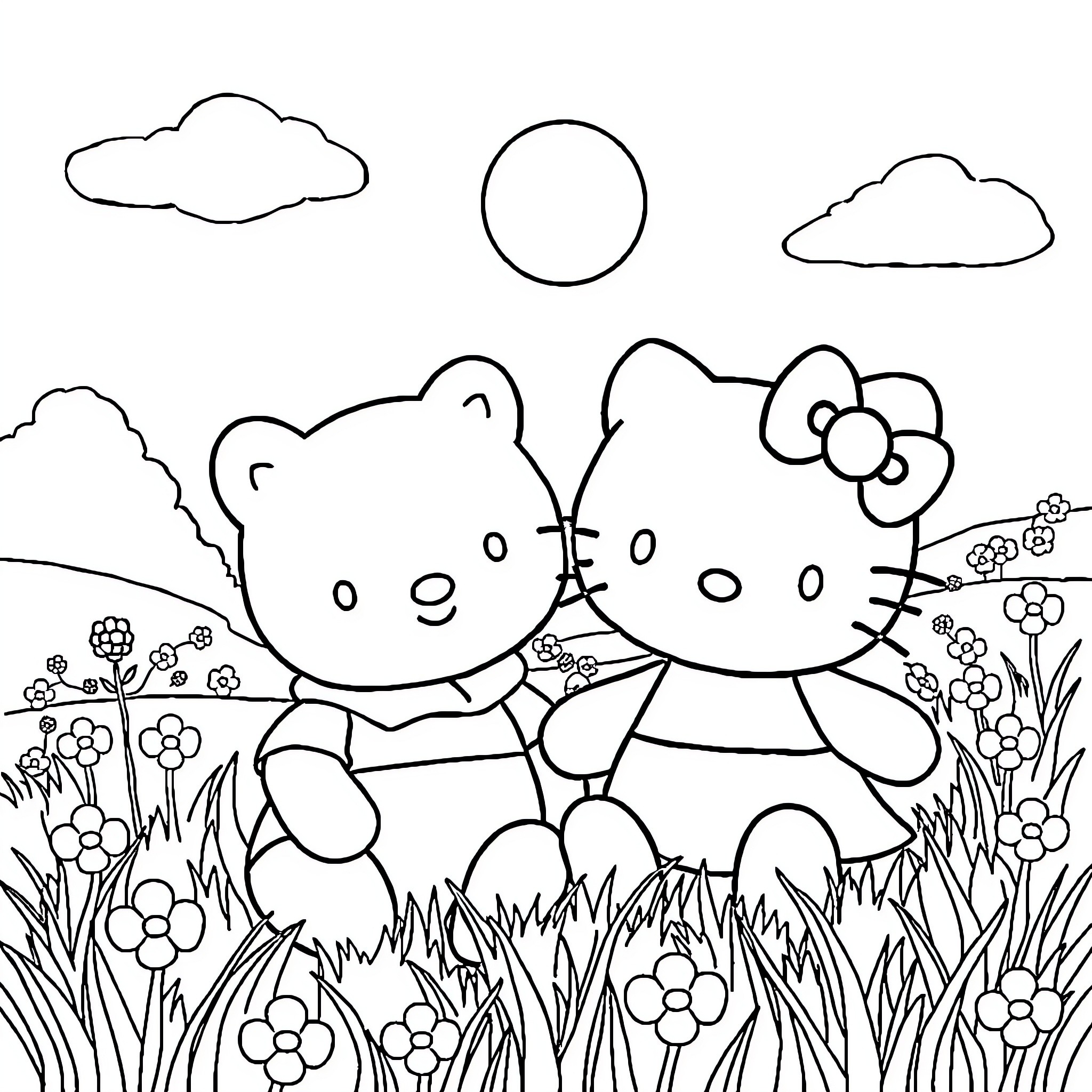 Hello Kitty and Friends Enjoying Nature Together Coloring Page (free black-and-white line drawing printable PDF for all, from beginners to advanced learners, including children, teens, adults, and seniors)