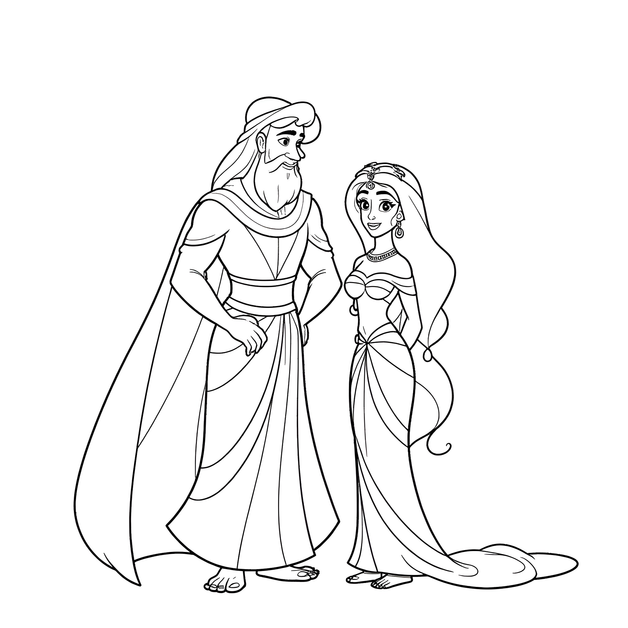 Princess and Sultan in Elaborate Outfits Coloring Page (free black-and-white line drawing printable PDF for all, from beginners to advanced learners, including children, teens, adults, and seniors)