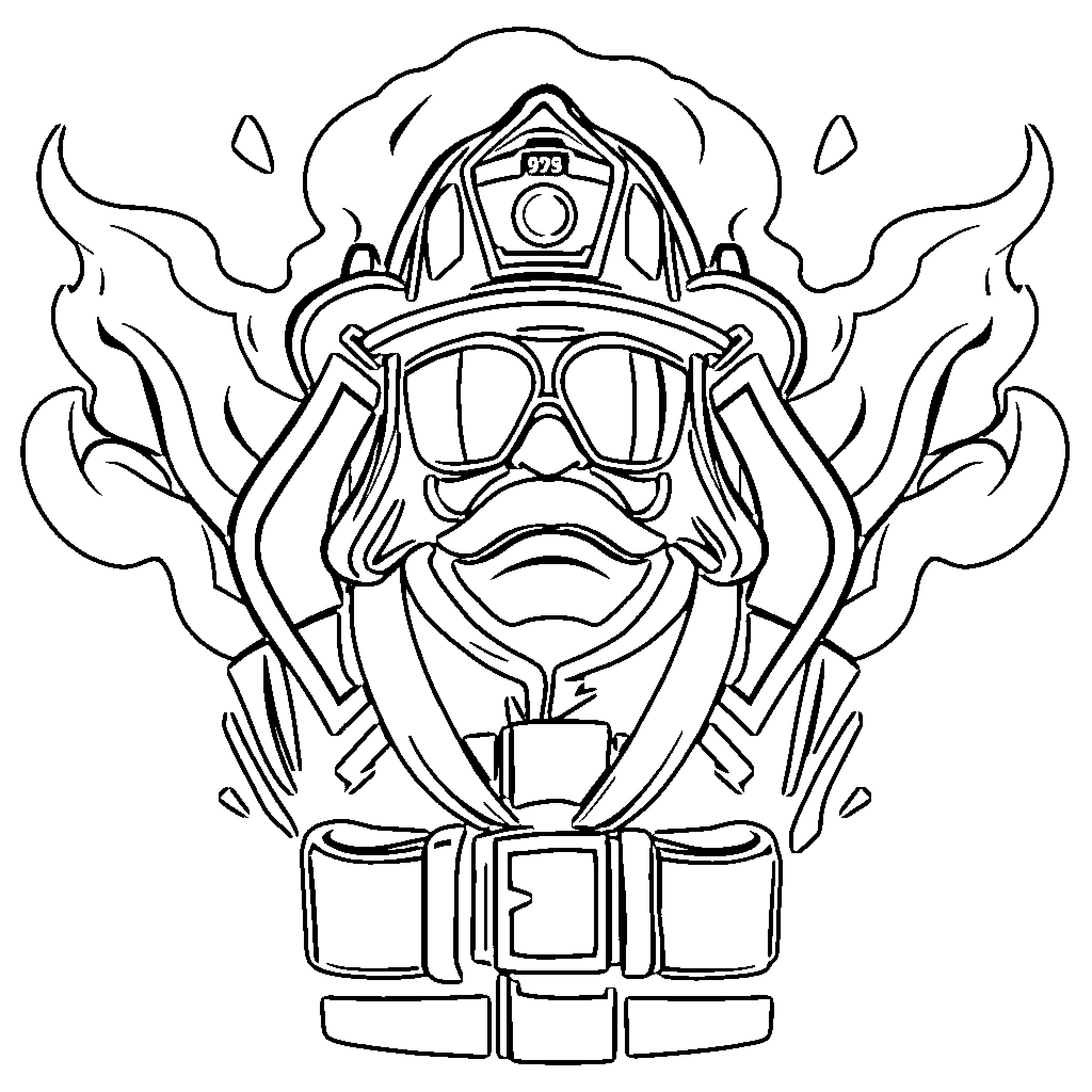 Firefighter battling flames with determination Coloring Page (free black-and-white line drawing printable PDF for all, from beginners to advanced learners, including children, teens, adults, and seniors)