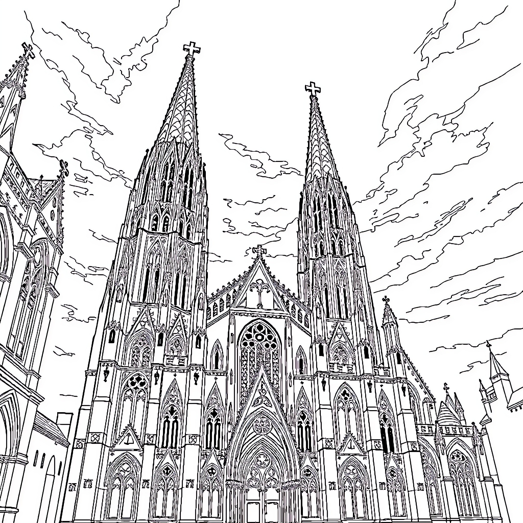 Cathedral with Gothic architecture and intricate details Coloring Page (free black-and-white line drawing printable PDF for all, from beginners to advanced learners, including children, teens, adults, and seniors)