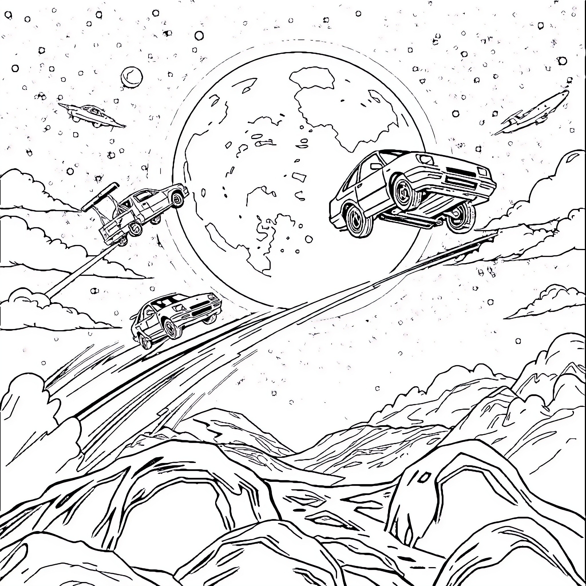 Mate Exploring Distant Galaxies in Spaceships Coloring Page (free black-and-white line drawing printable PDF for all, from beginners to advanced learners, including children, teens, adults, and seniors)