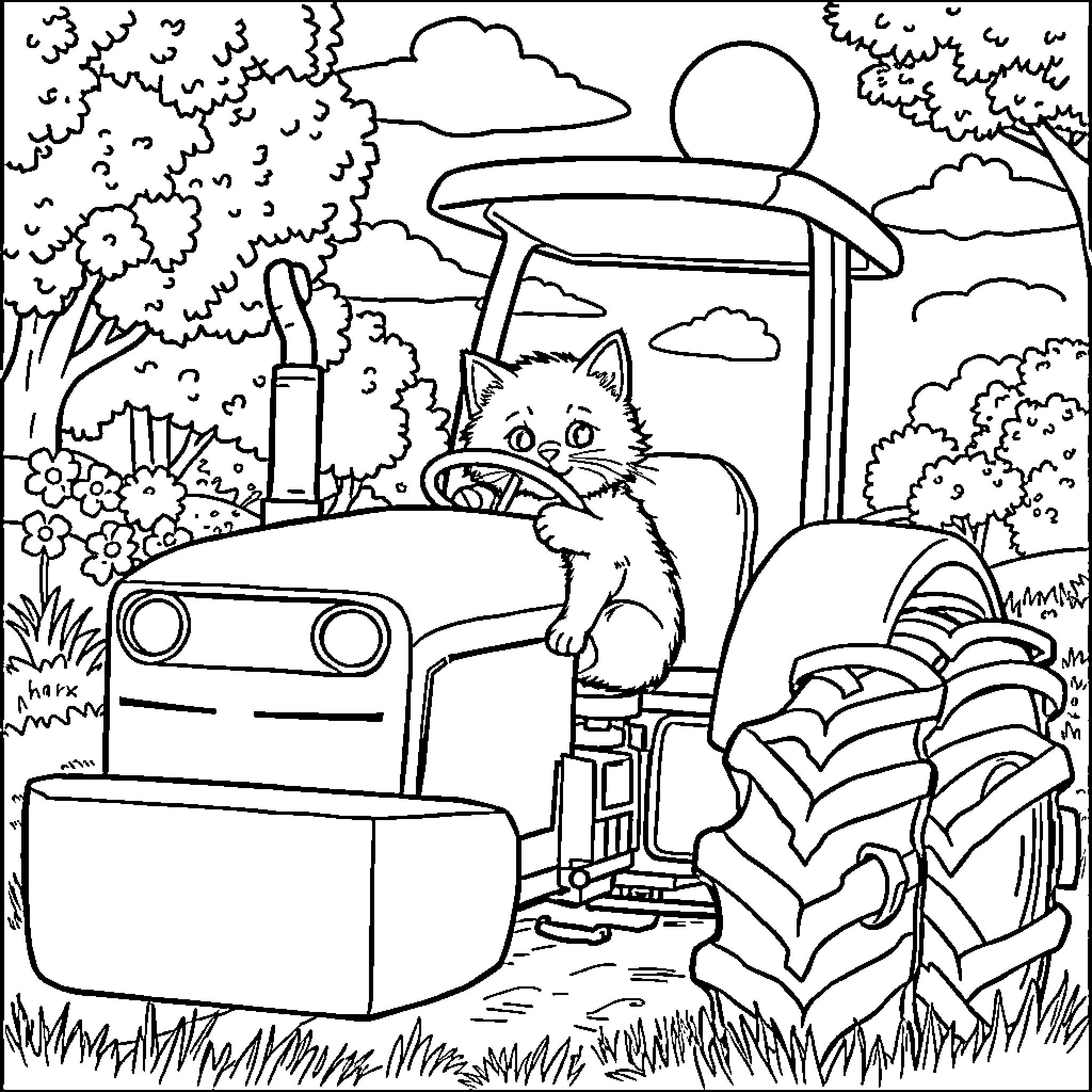 Cat relaxing on tractor in the countryside Coloring Page (free black-and-white line drawing printable PDF for all, from beginners to advanced learners, including children, teens, adults, and seniors)