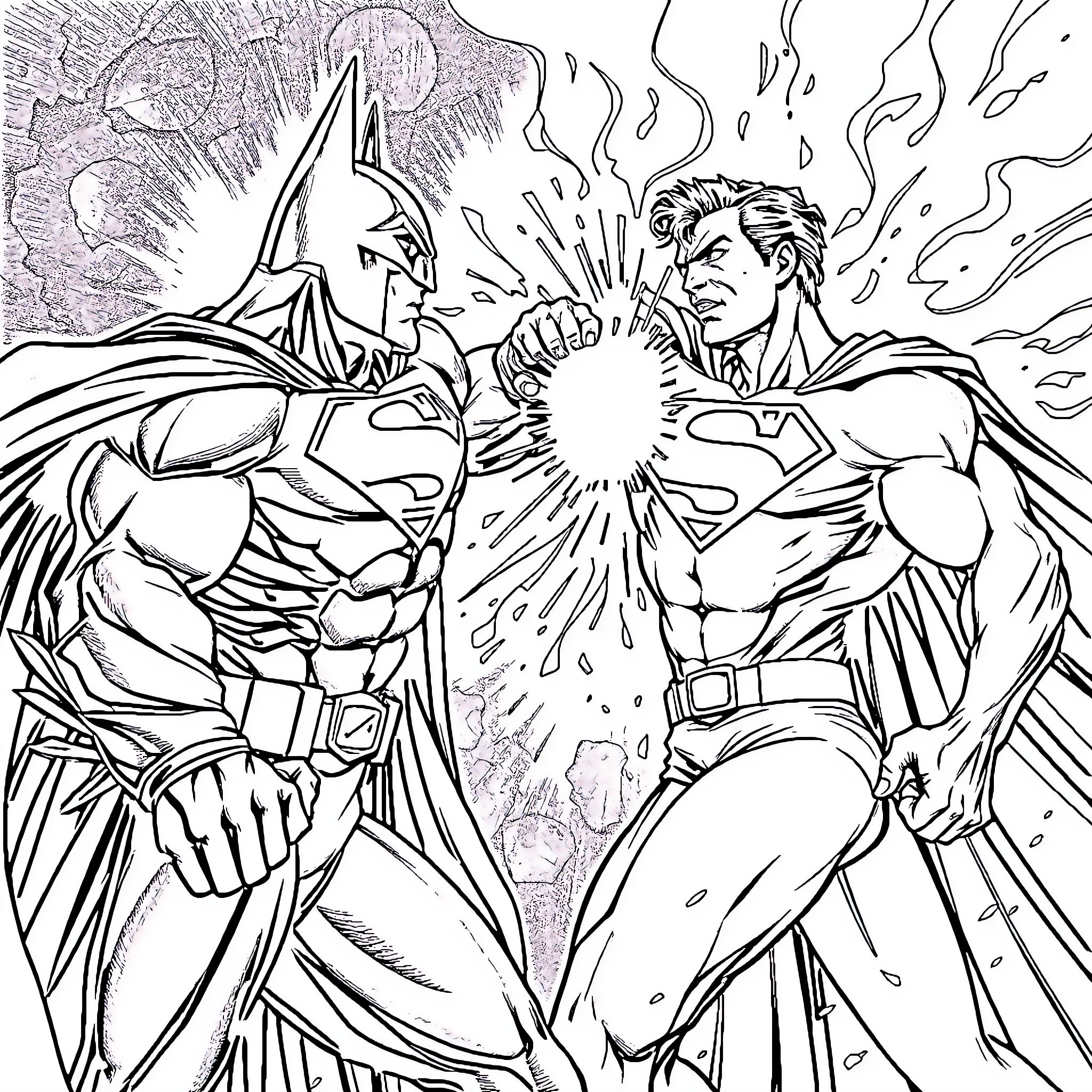 Superman and Batman in an Intense Clash Coloring Page (free black-and-white line drawing printable PDF for all, from beginners to advanced learners, including children, teens, adults, and seniors)