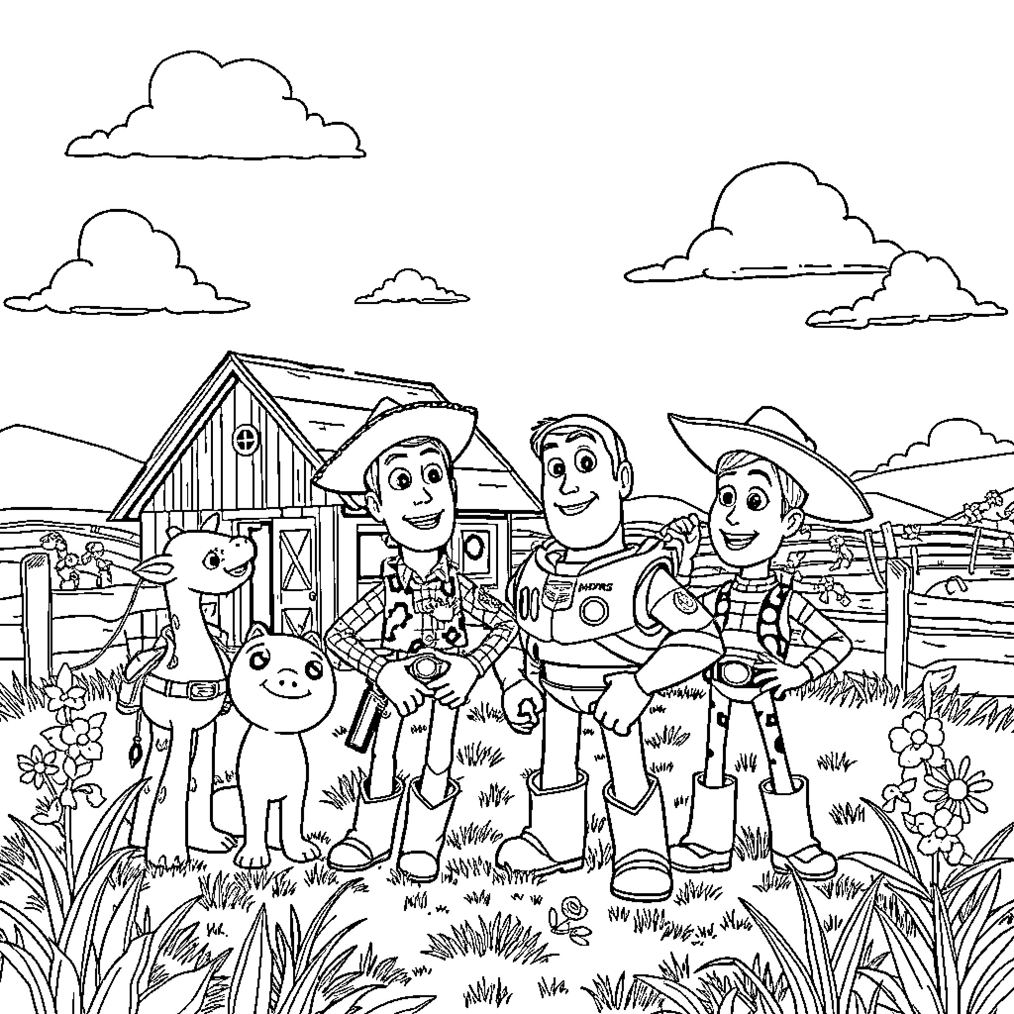 Toy Story Characters Explore the Farm Coloring Page (free black-and-white line drawing printable PDF for all, from beginners to advanced learners, including children, teens, adults, and seniors)