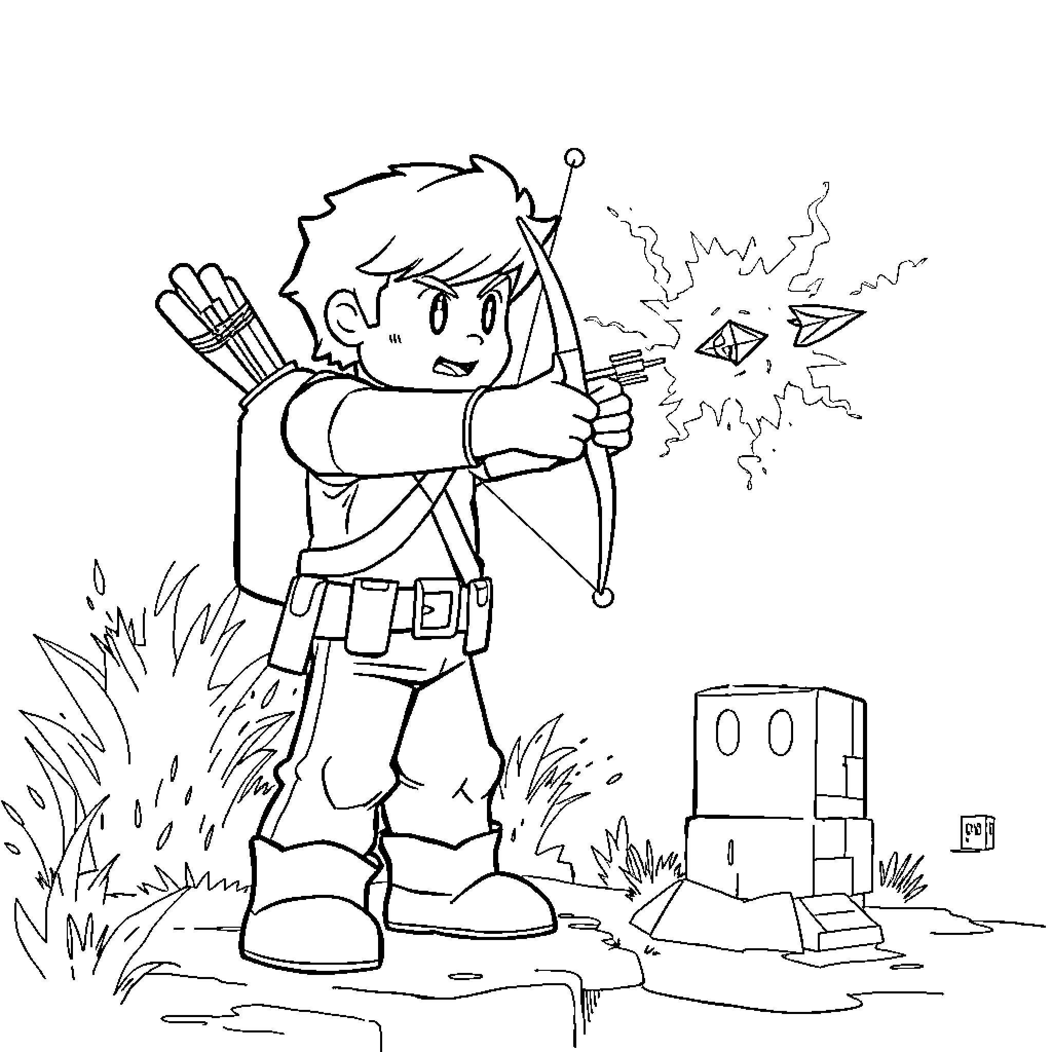 Steve the Adventurous Archer Exploring the Wilderness Coloring Page (free black-and-white line drawing printable PDF for all, from beginners to advanced learners, including children, teens, adults, and seniors)